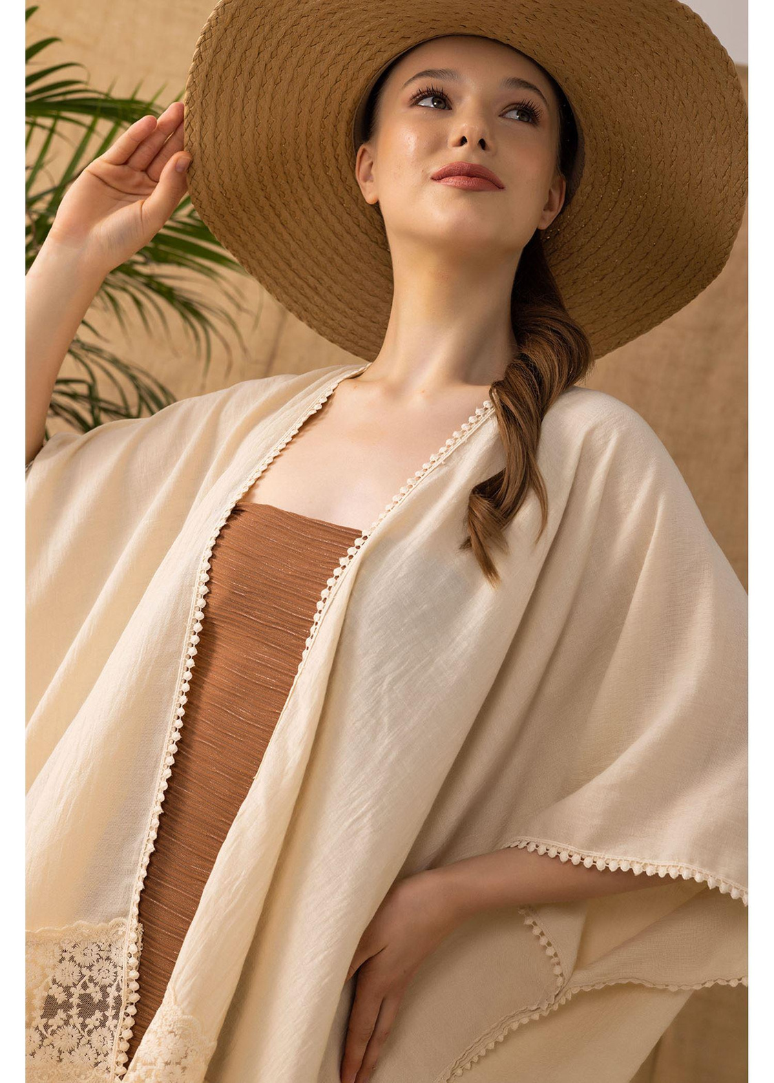 Keten Dantelli Kimono-Bej