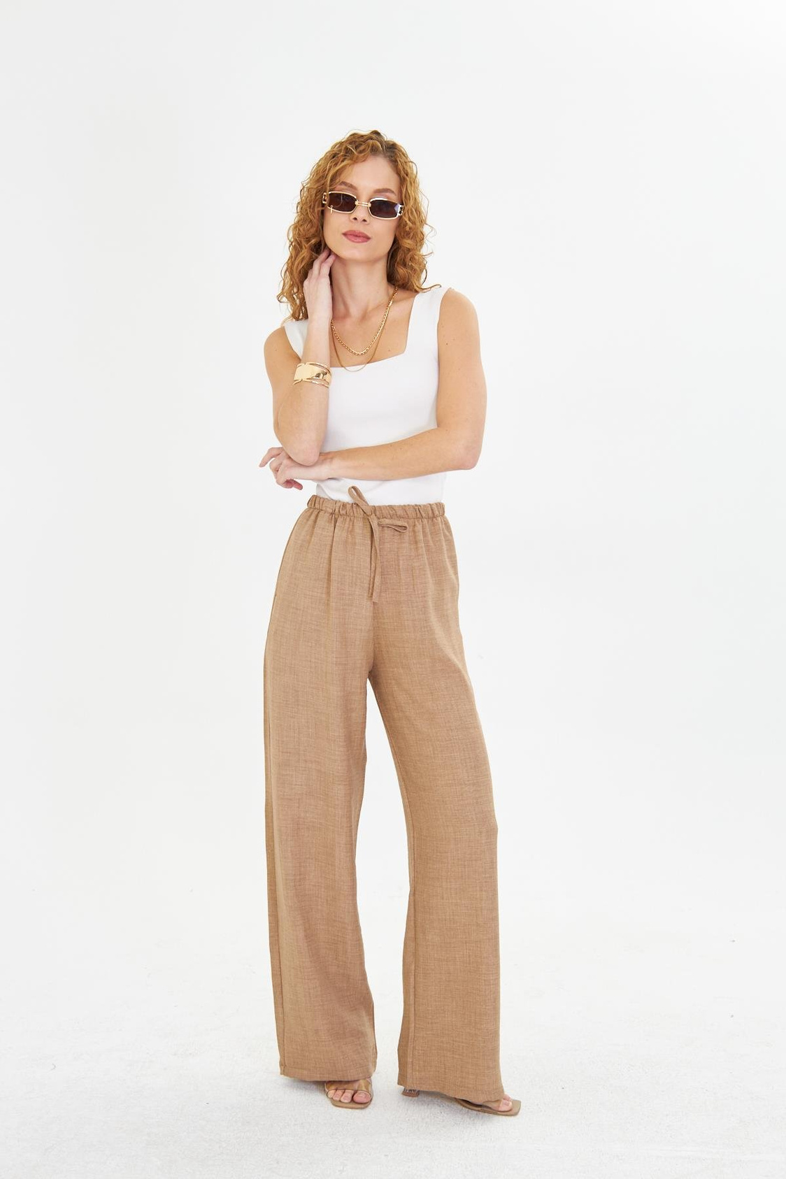 Keten Görünümlü Bol Paça Pantolon