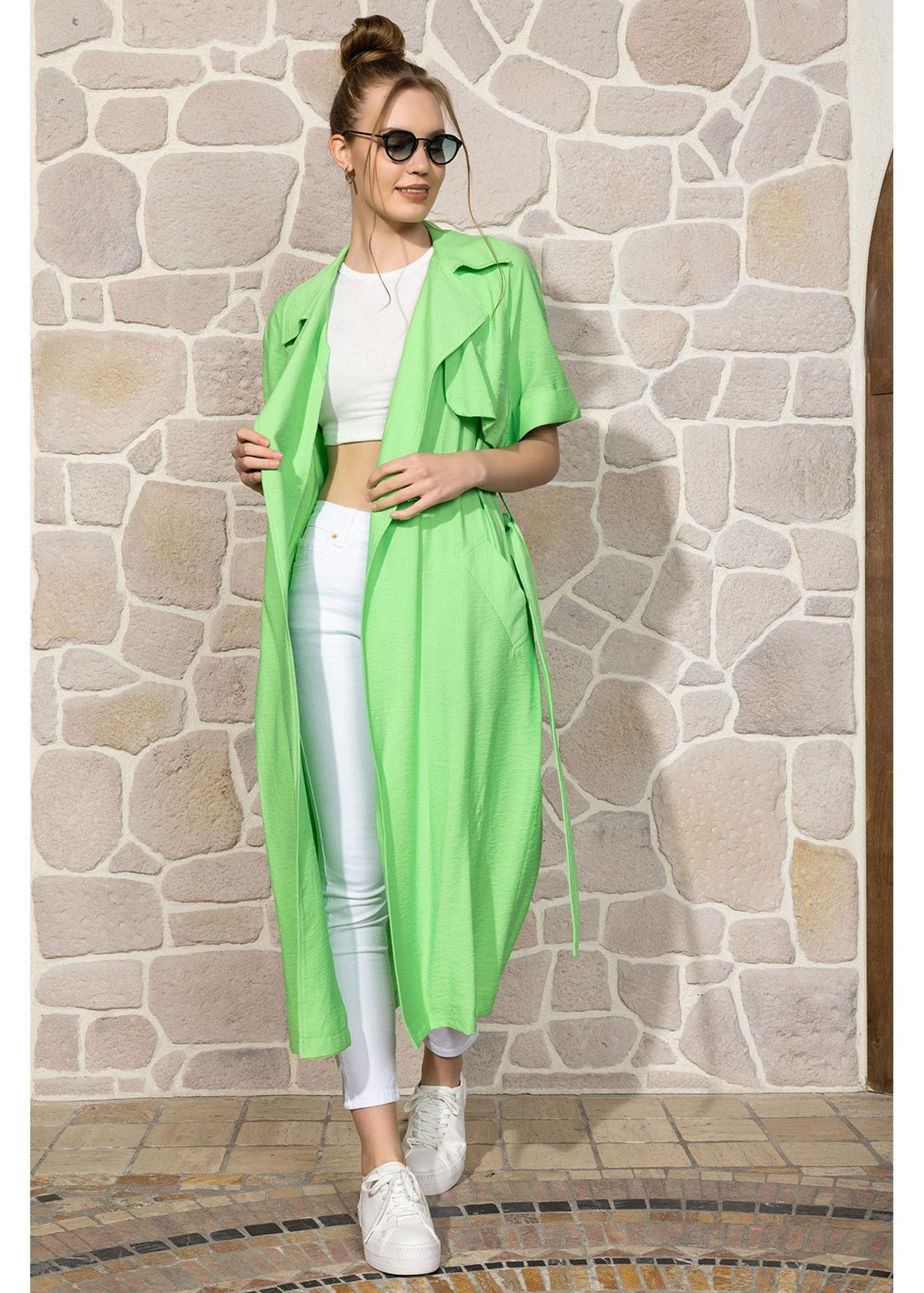 Kısa Kollu Kuşaklı Kimono-Yeşil