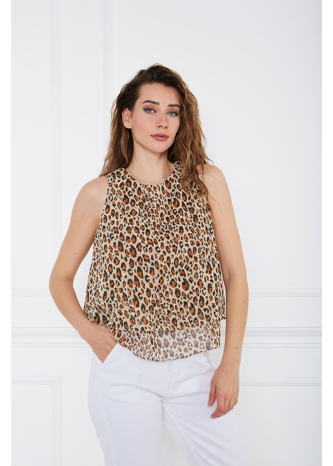 Kısa Leopar Şifon Bluz