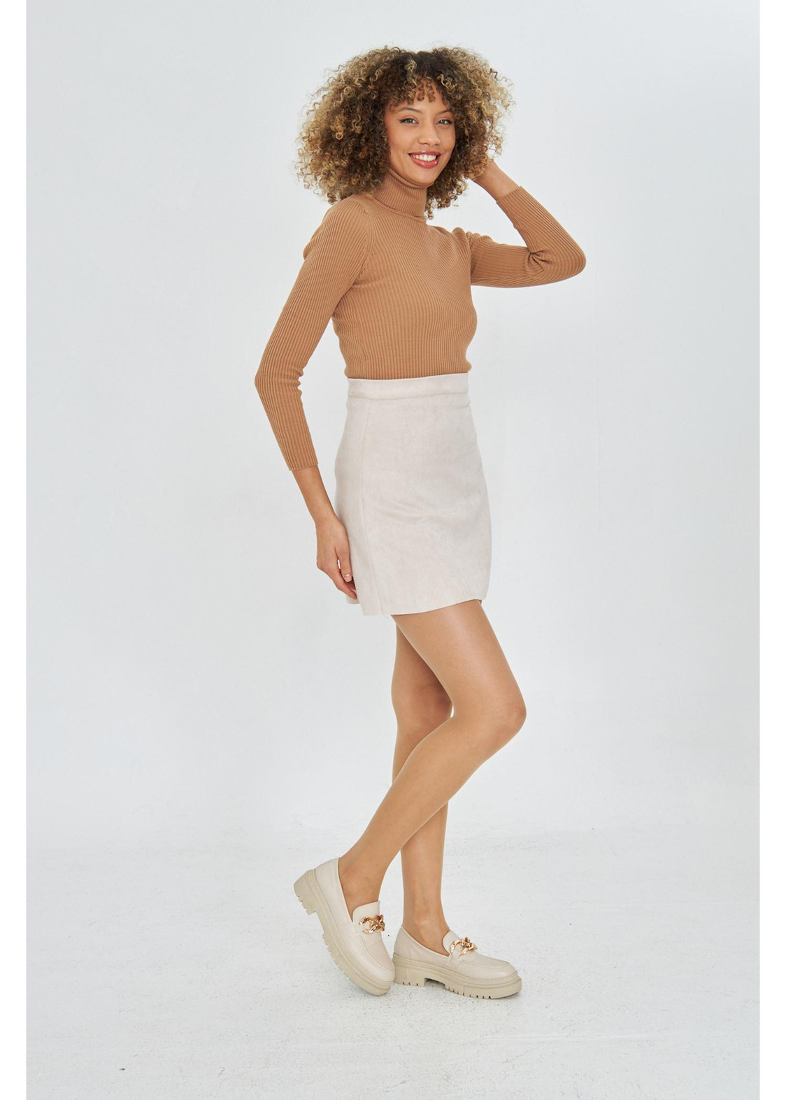 Kısa Süet Etek - Bej