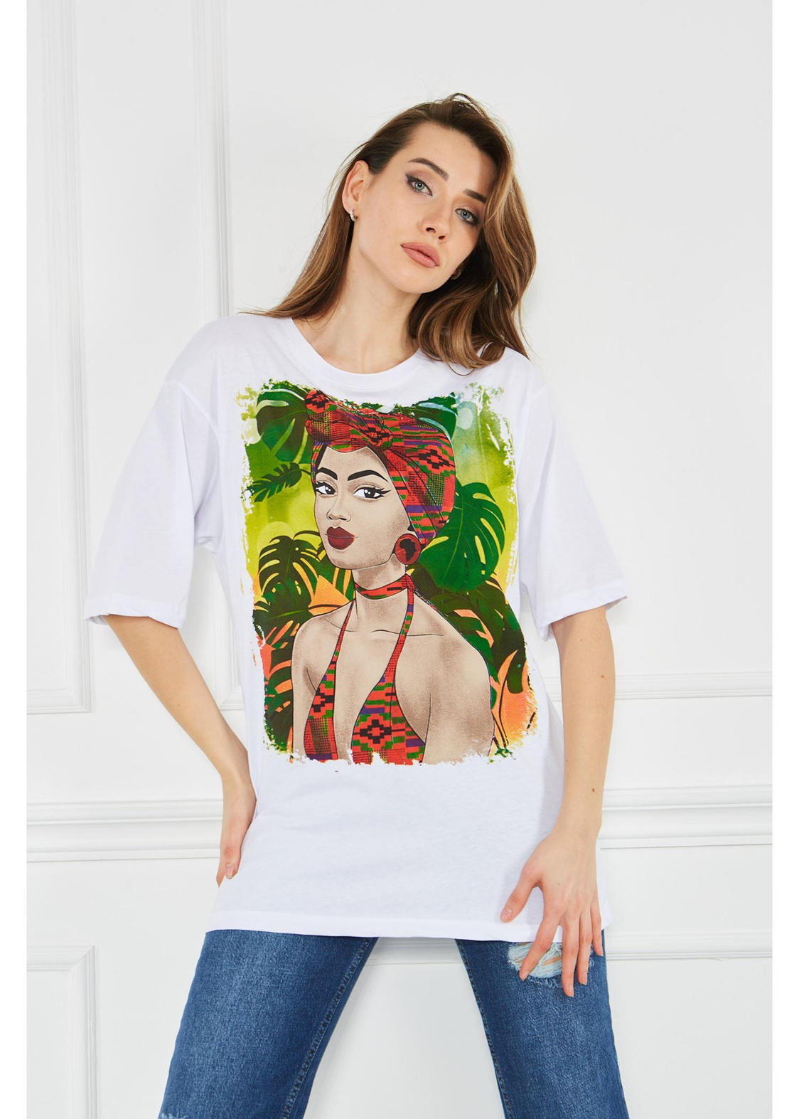 Kız Baskılı Tshirt-Beyaz