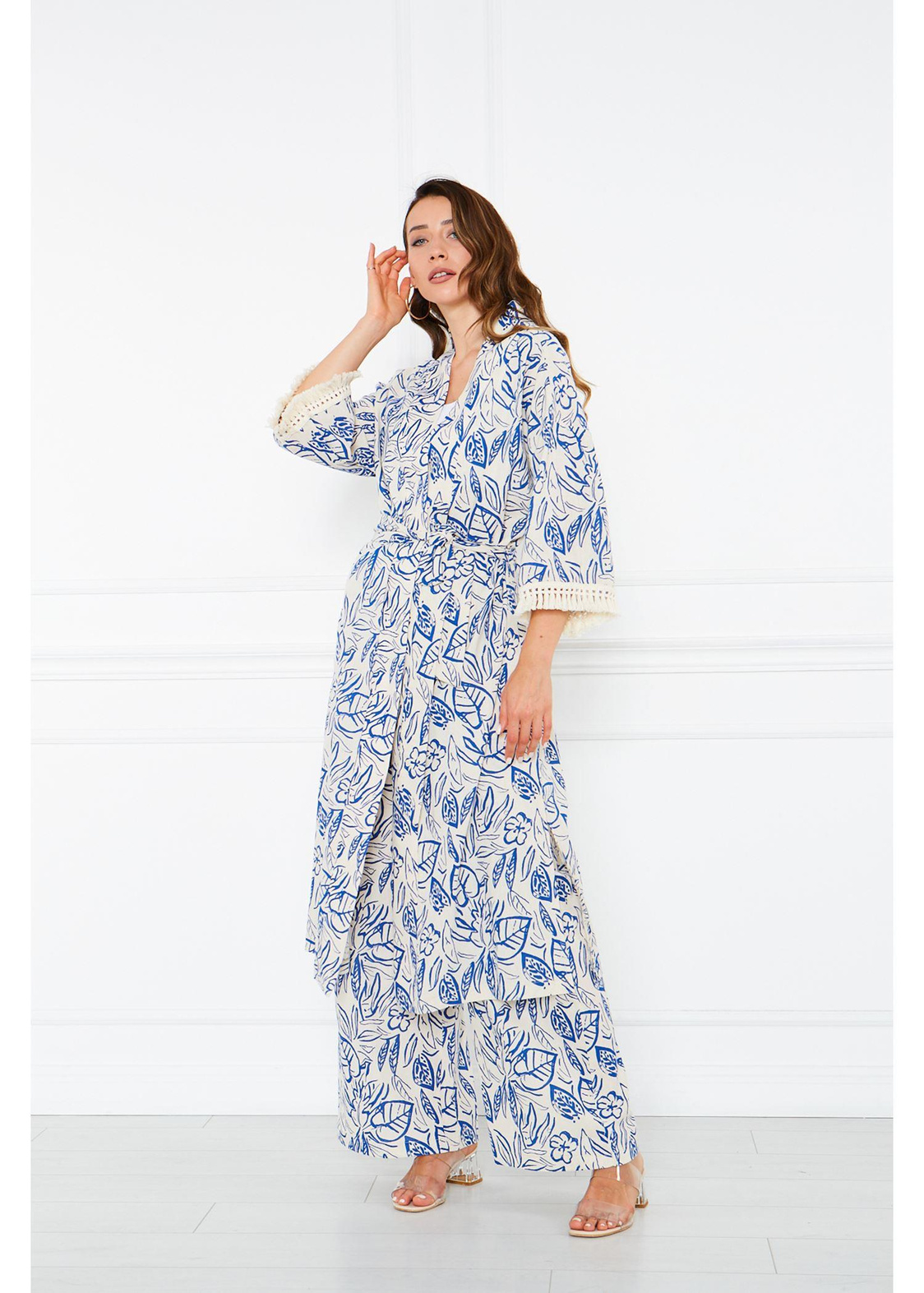 Kolları Püsküllü Kimono-Mavi