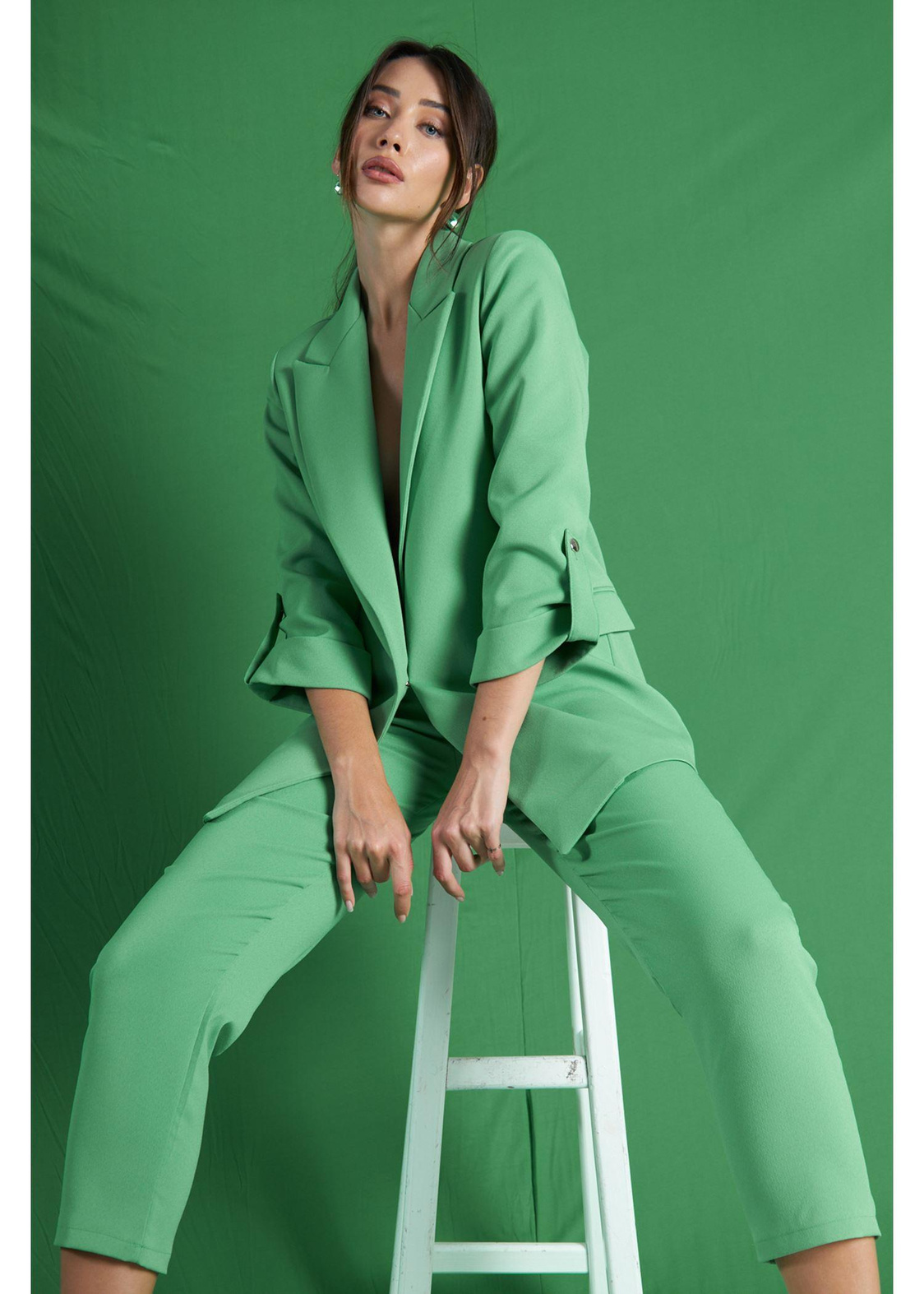 Kolu Katlamalı Atlas Ceket-Yeşil