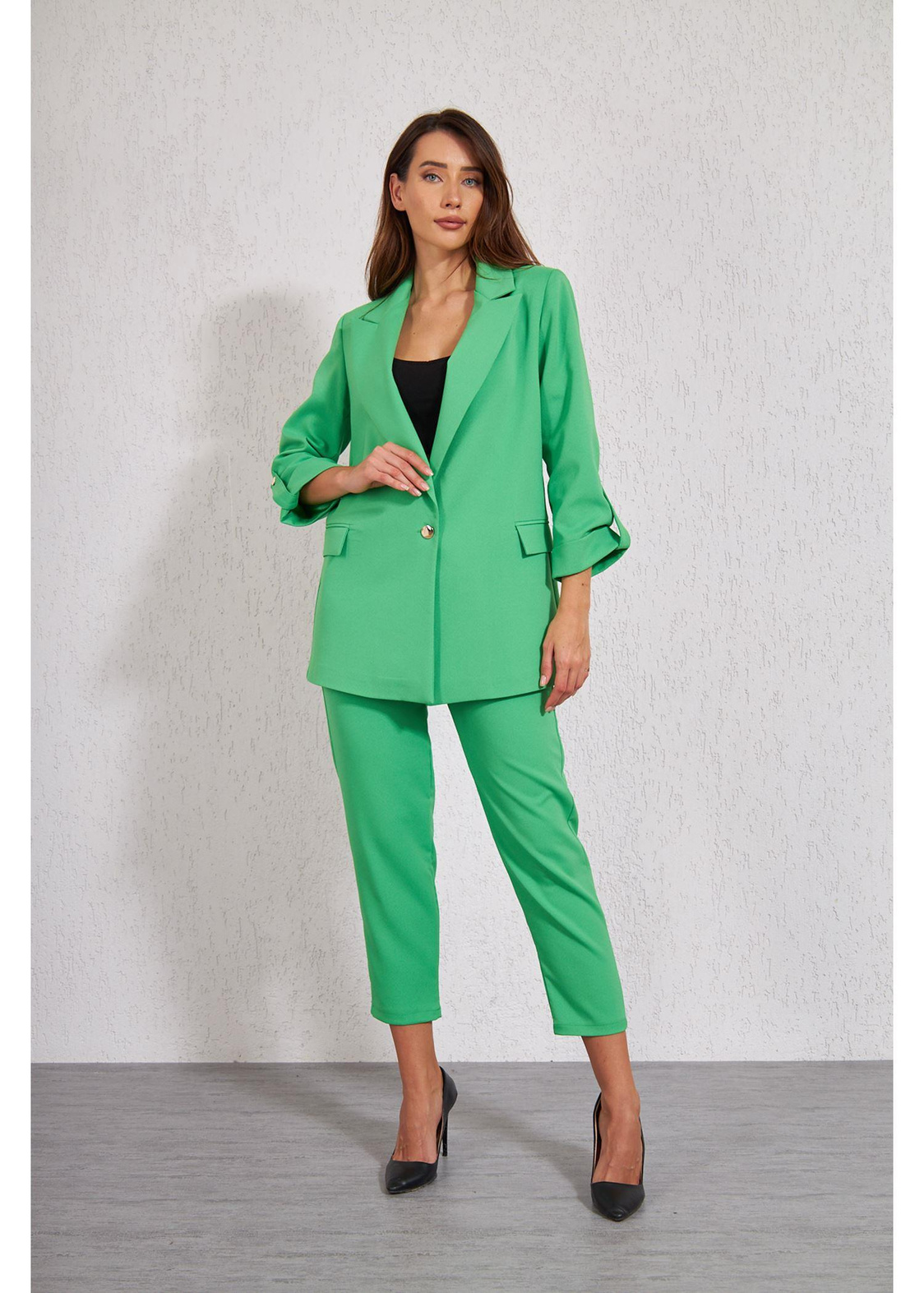 Kolu Katlamalı Atlas Ceket-Yeşil