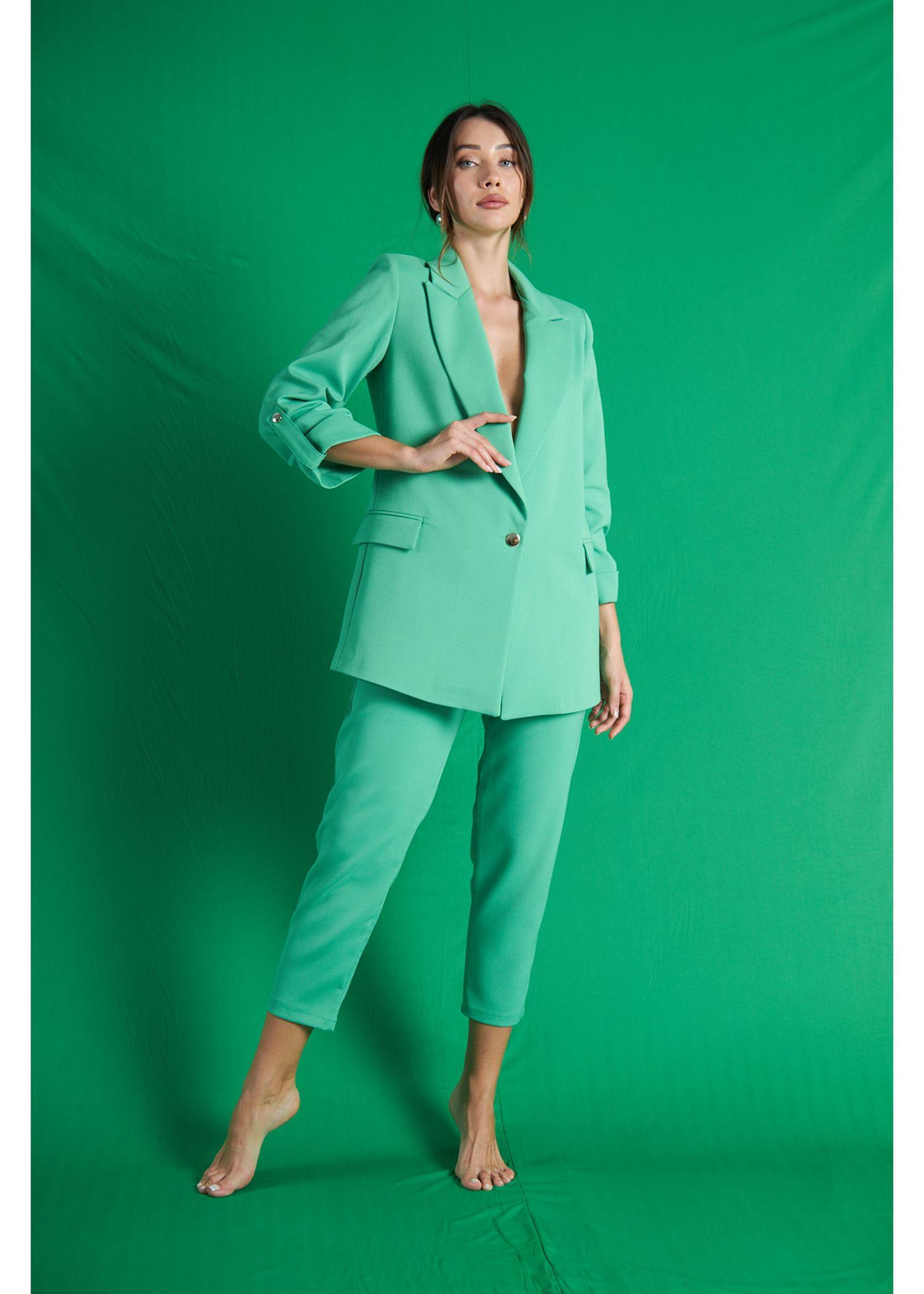 Kolu Katlamalı Atlas Ceket-Yeşil