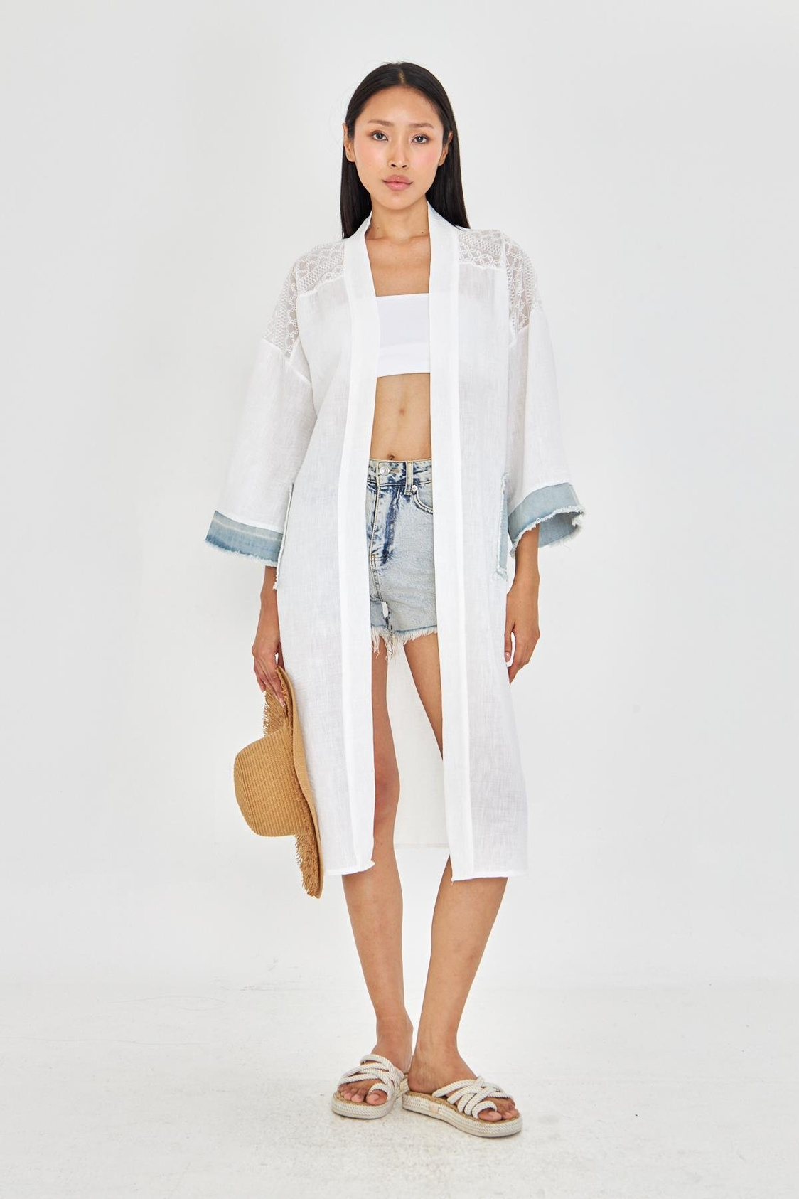 Kot Garnili Brodeli Keten Görünümlü Kimono 