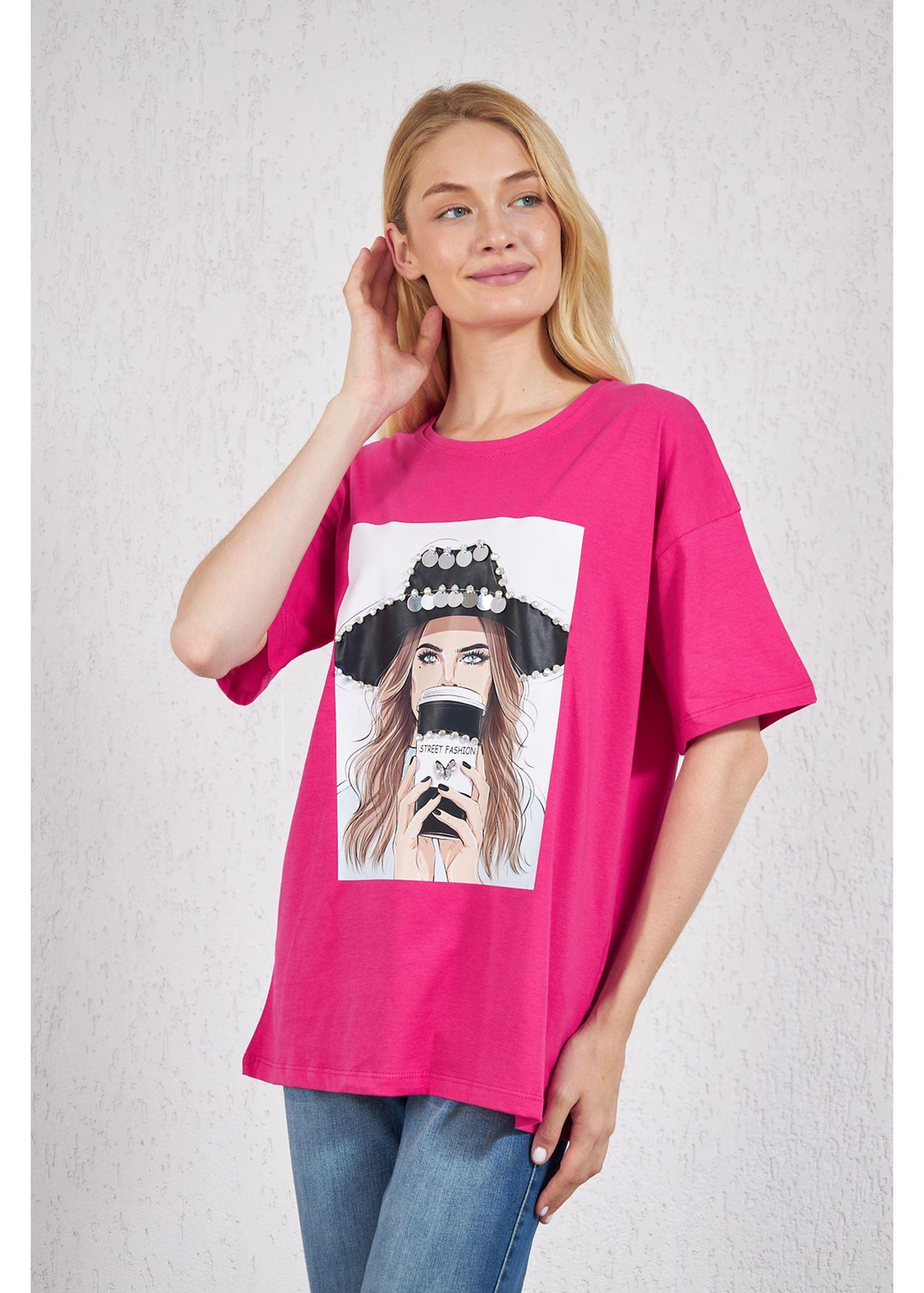 Kovboy Şapkalı Süprem T-Shirt-Fuşya