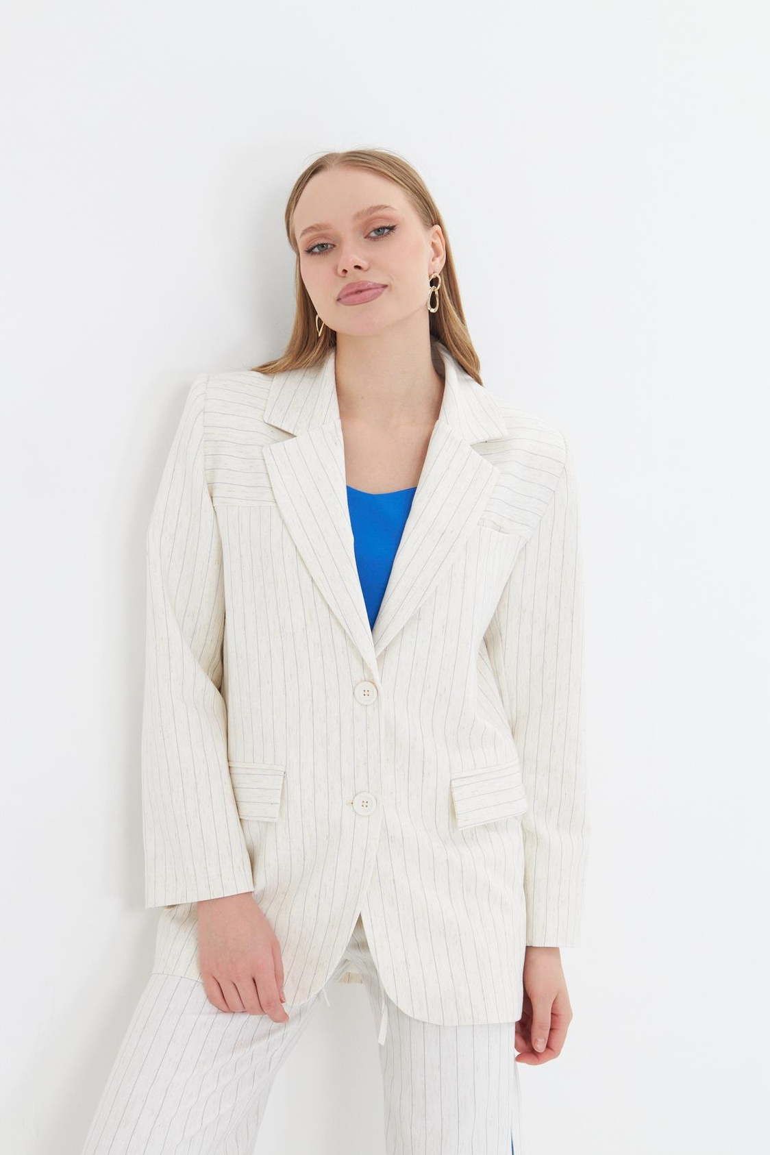 Kruvaze Yaka Keten Karışımlı Ceket