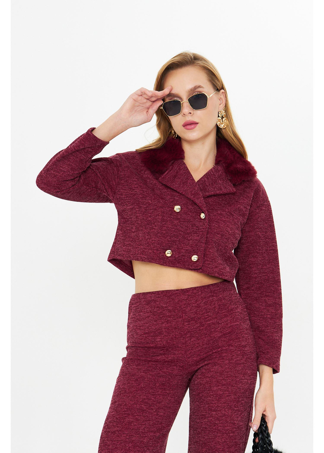 Kürklü Triko Crop Ceket - Bordo