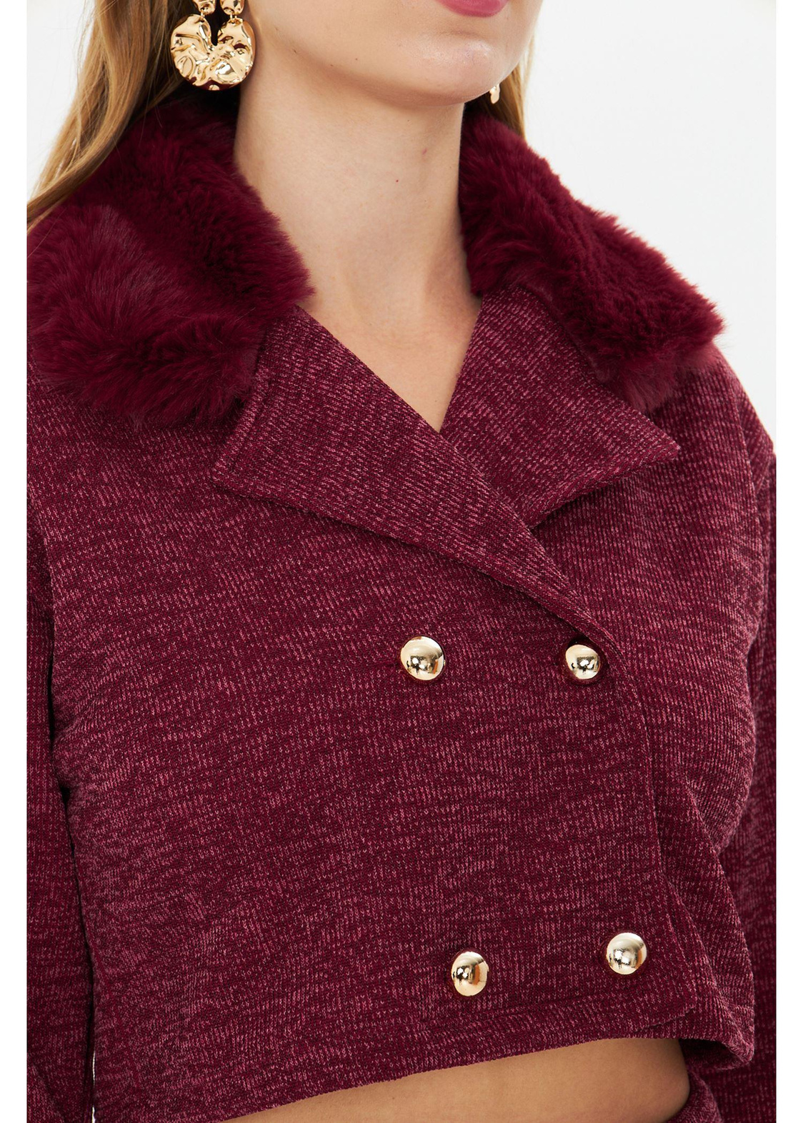 Kürklü Triko Crop Ceket - Bordo