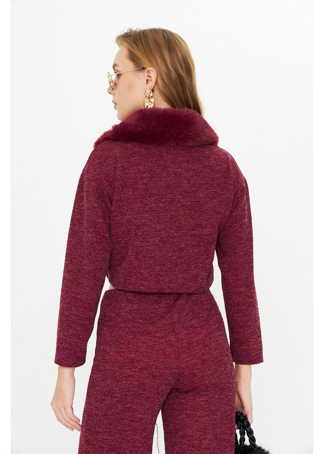 Kürklü Triko Crop Ceket - Bordo