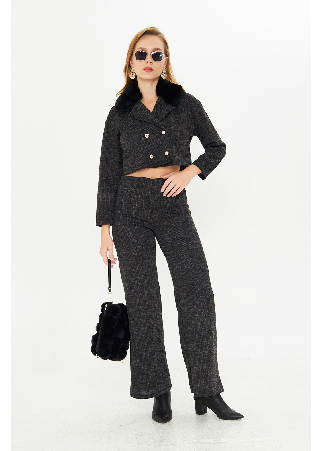 Kürklü Triko Crop Ceket - Siyah
