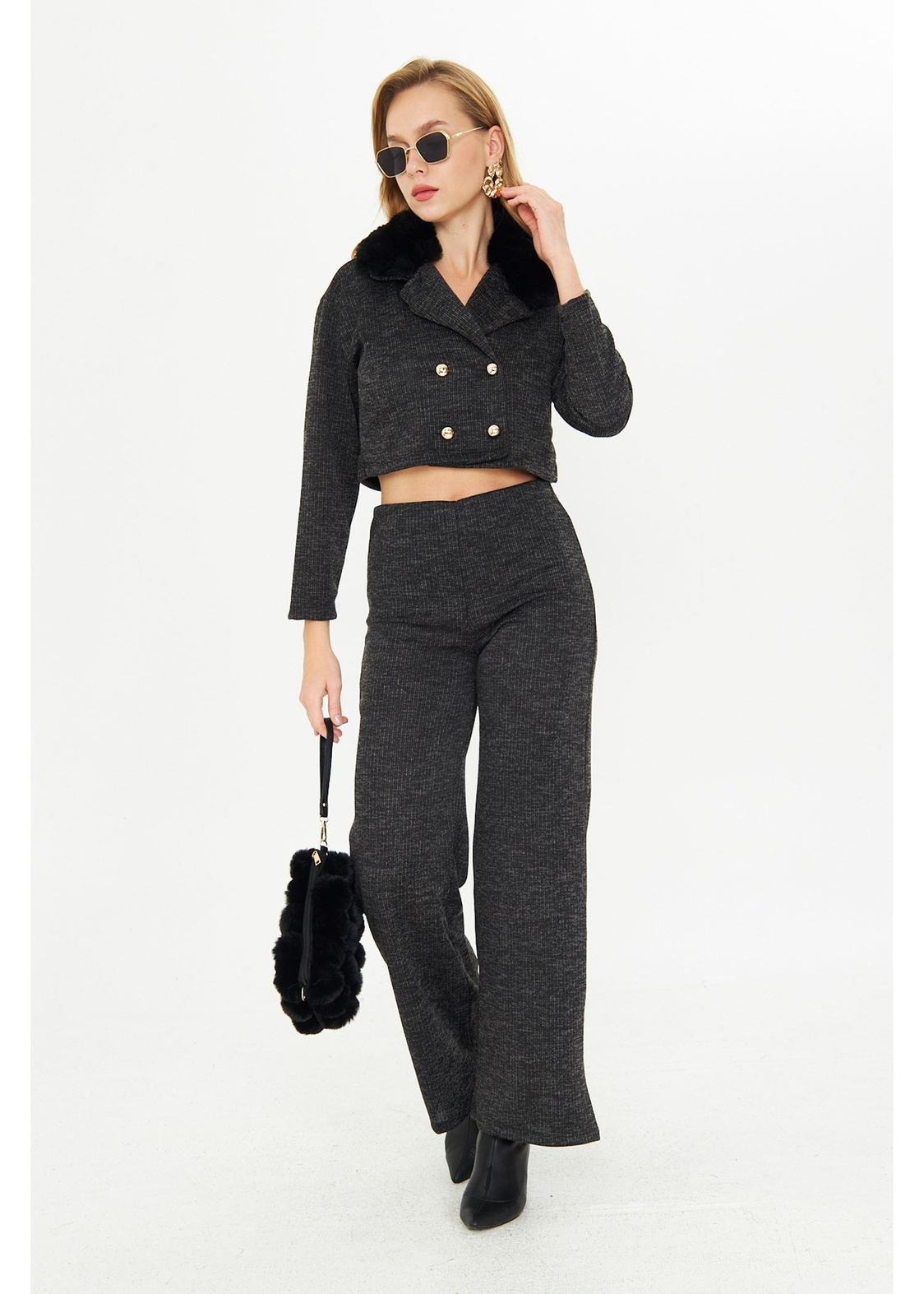 Kürklü Triko Crop Ceket - Siyah