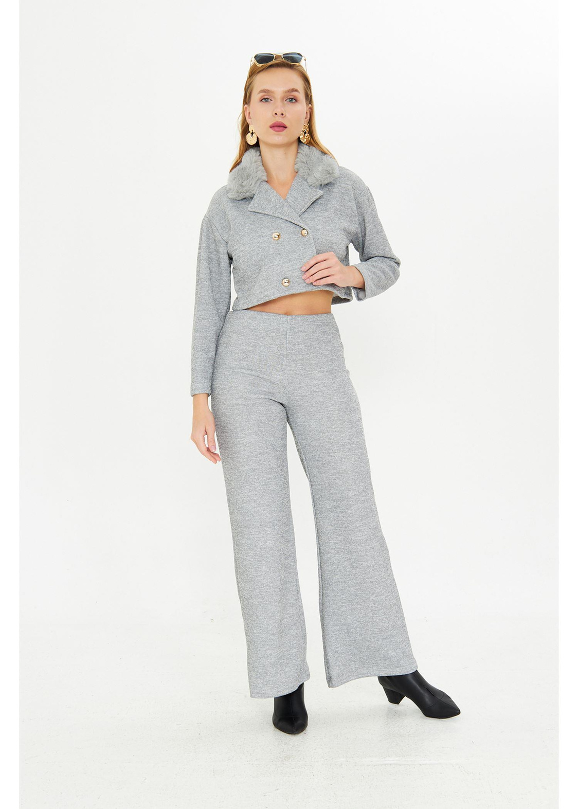 Kürklü Triko Crop Ceket -Gri