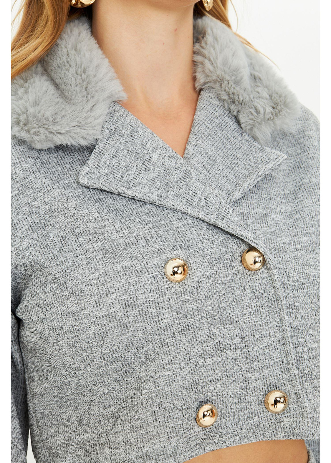 Kürklü Triko Crop Ceket -Gri