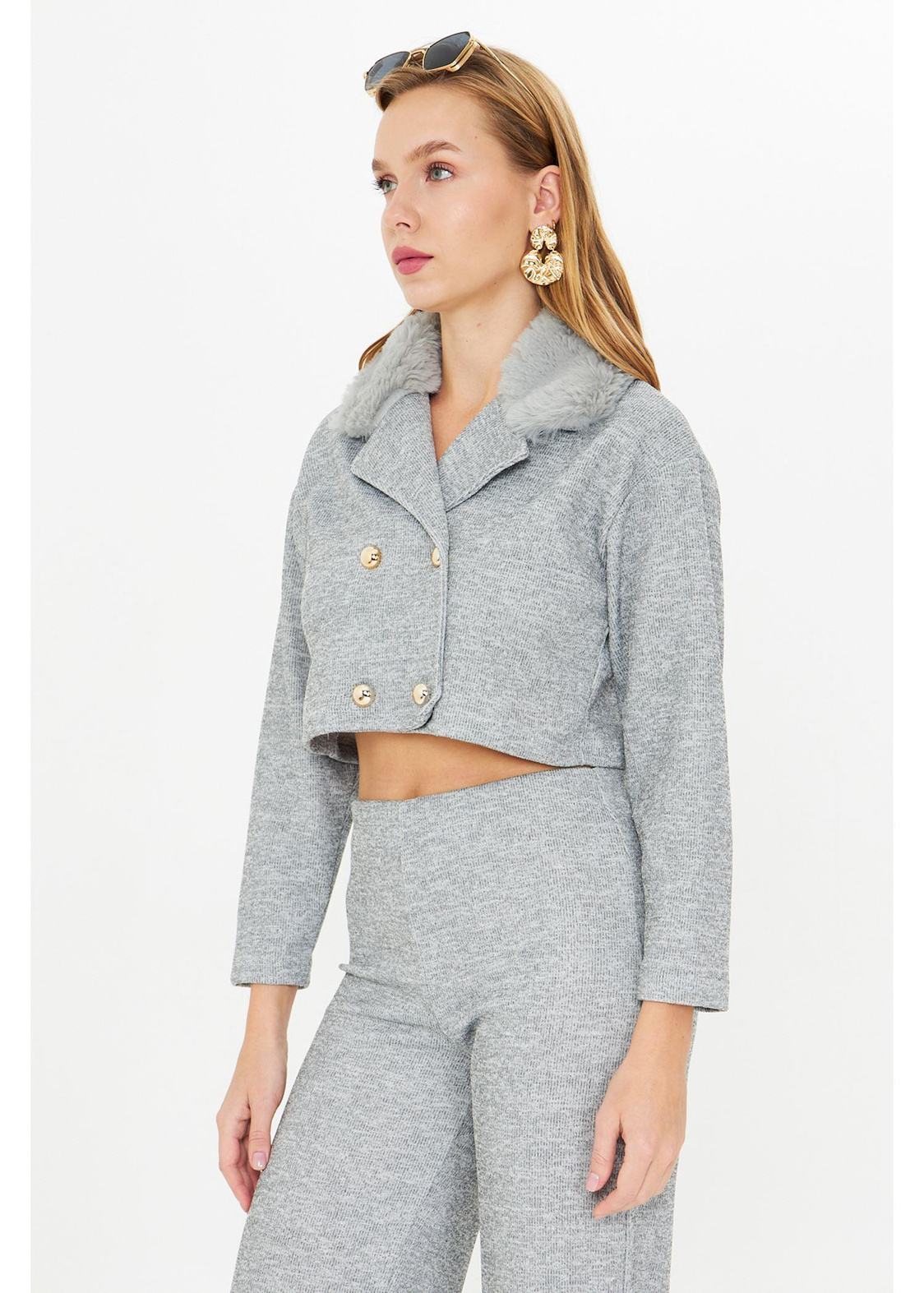 Kürklü Triko Crop Ceket -Gri