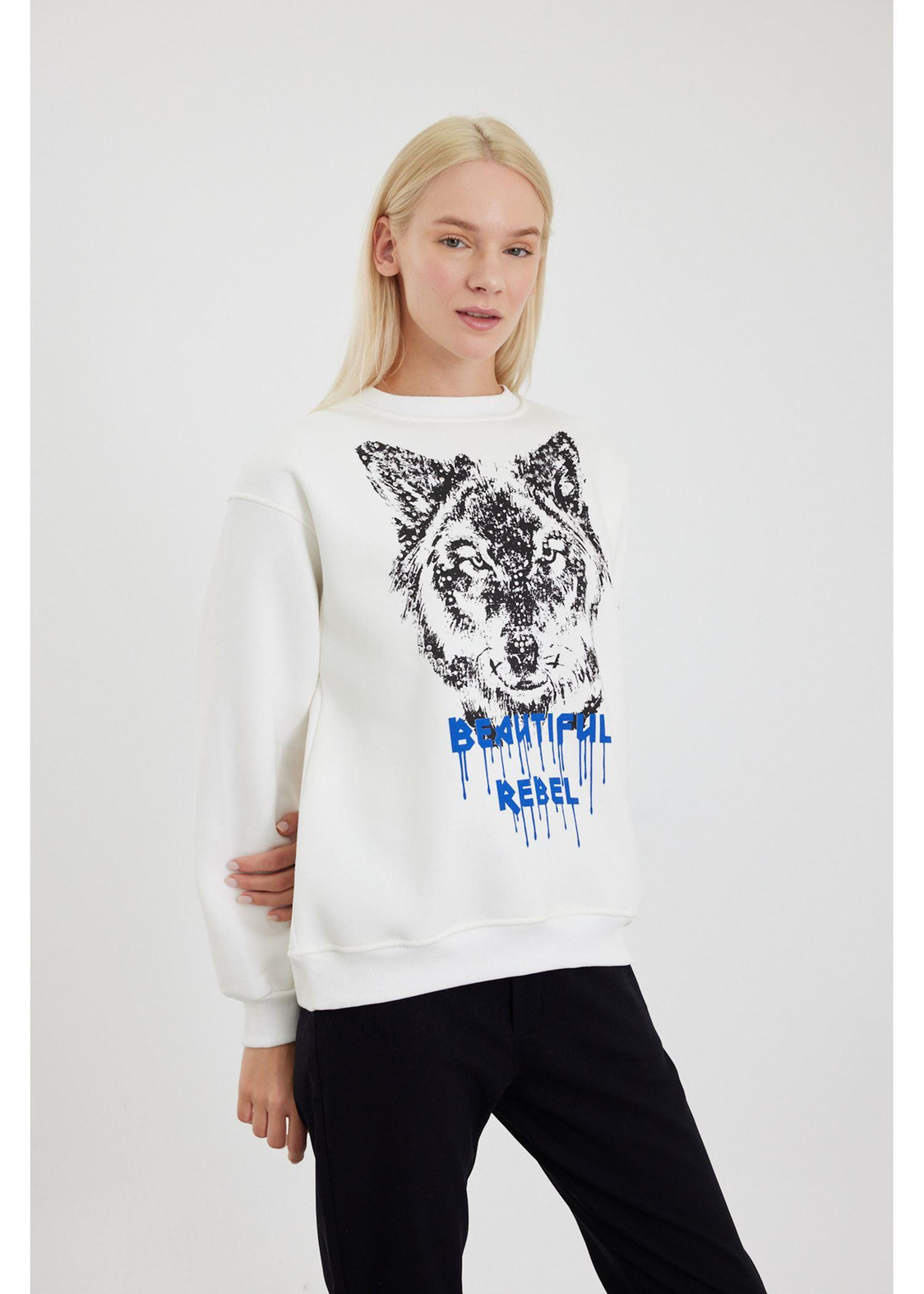 Kurt Baskılı Sweatshirt-Ekru