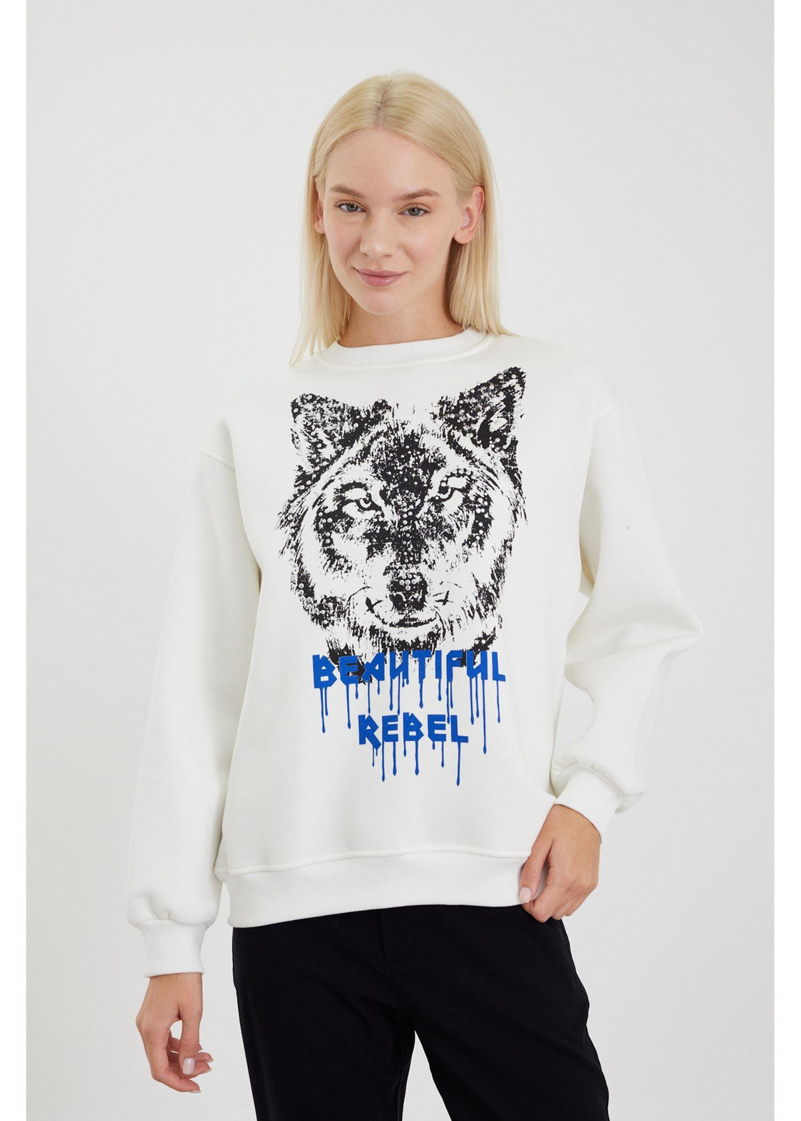 Kurt Baskılı Sweatshirt-Ekru