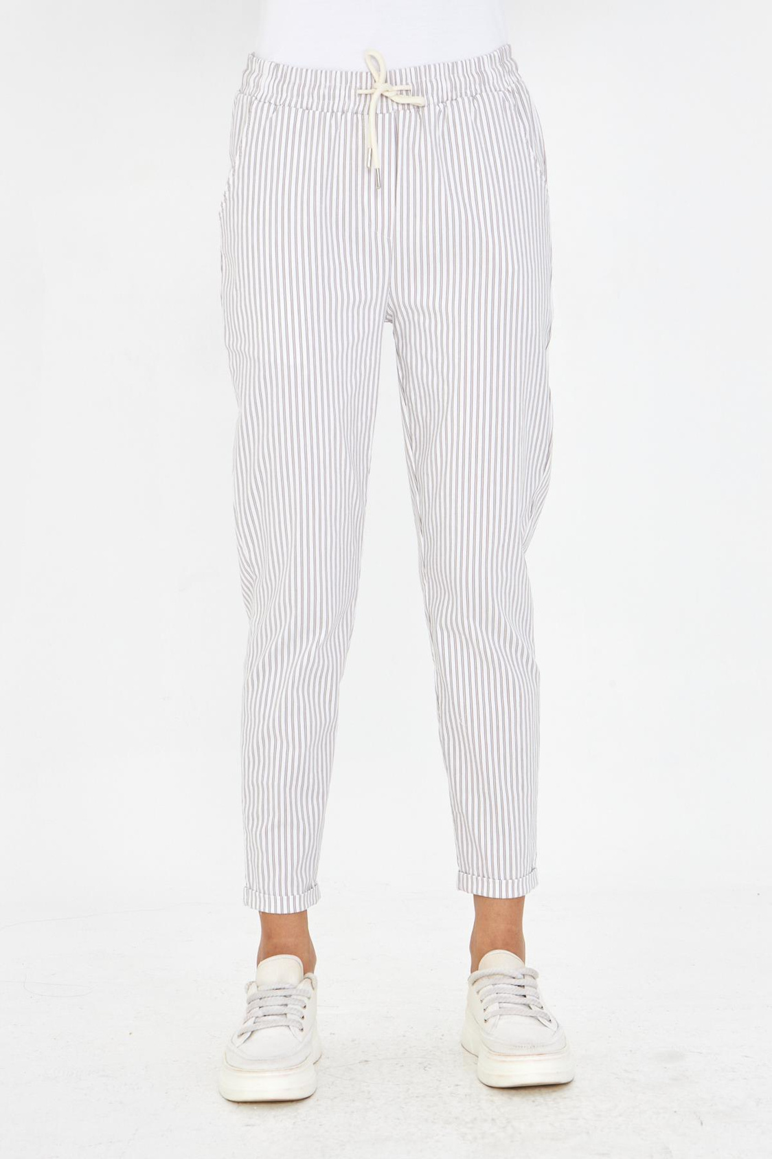 Lastikli Çizgili Chino Pantolon