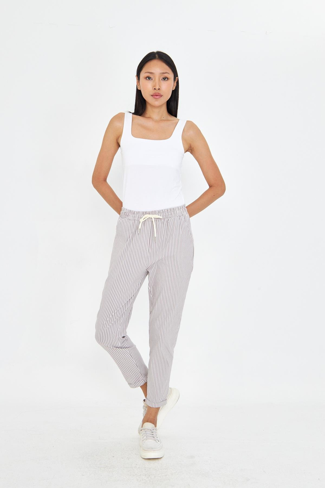 Lastikli Çizgili Chino Pantolon