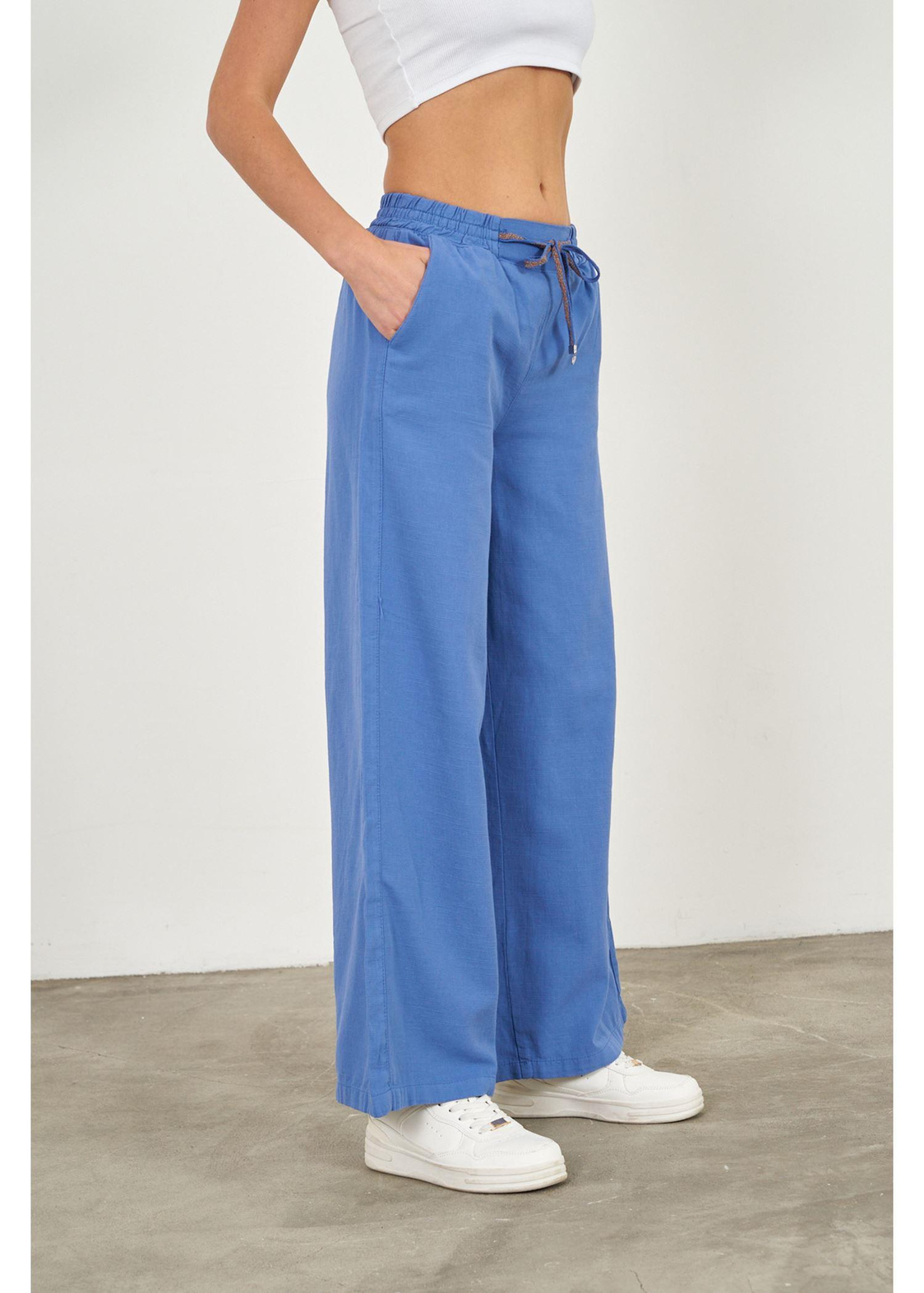 Lastikli Palazzo Pantolon-Mavi