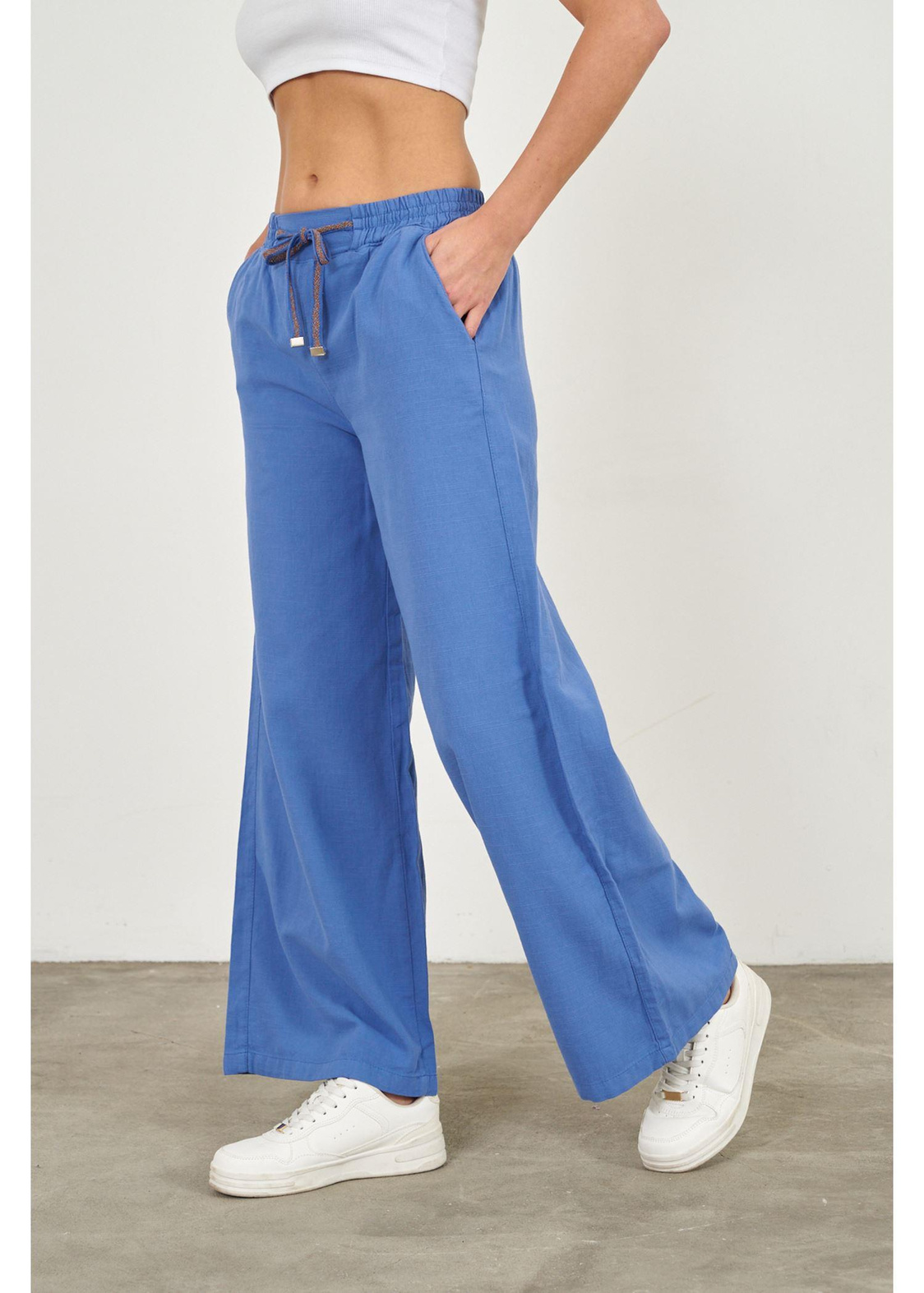 Lastikli Palazzo Pantolon-Mavi