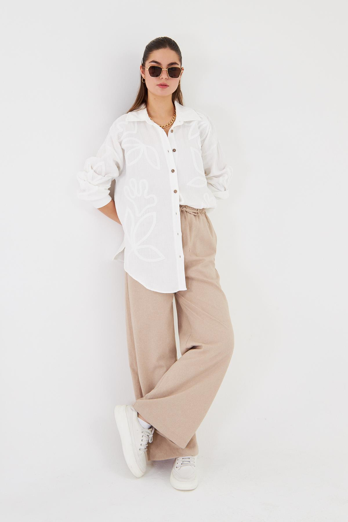 Lastikli Yandan Cepli Poliviskon Pantolon - Bej