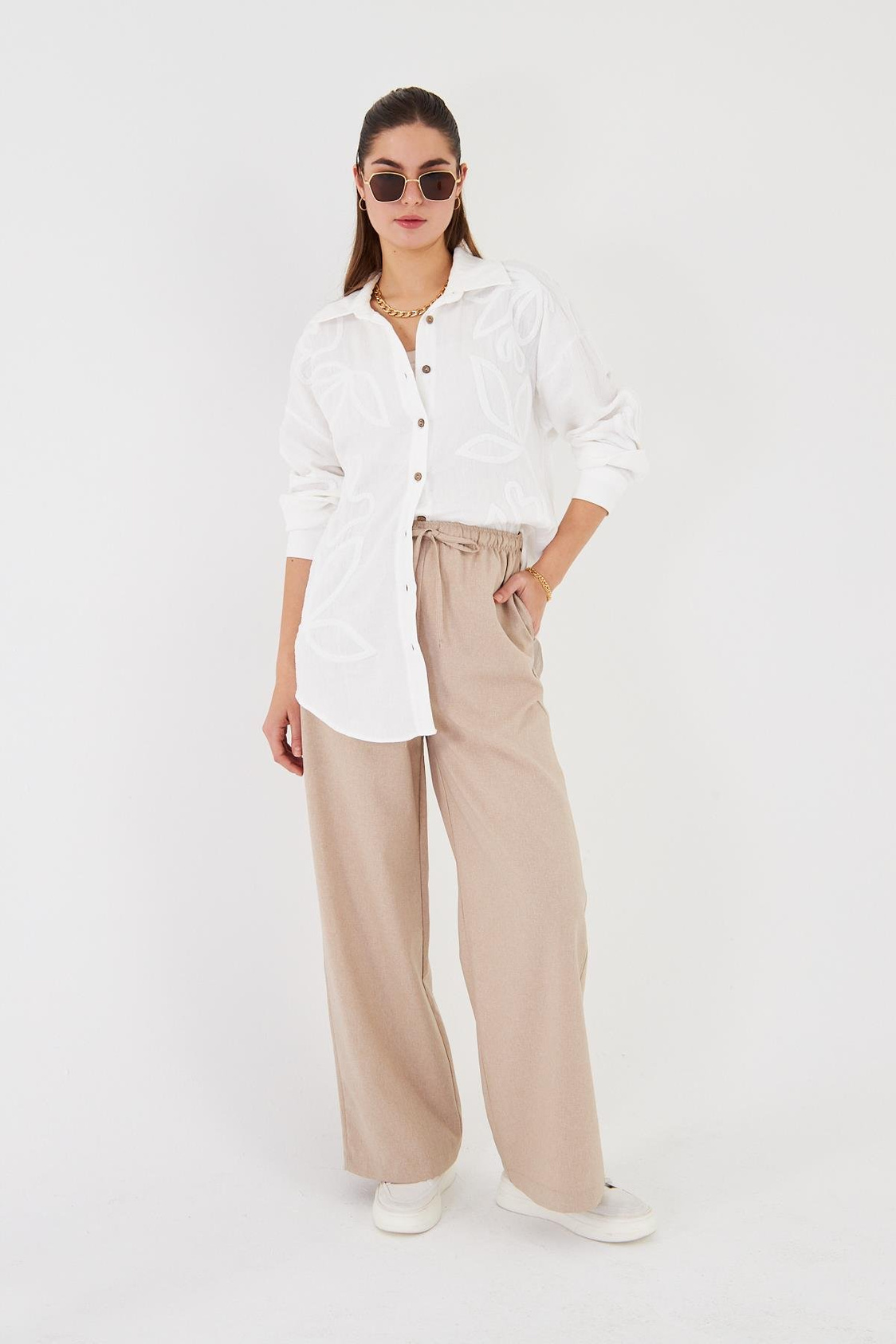 Lastikli Yandan Cepli Poliviskon Pantolon - Bej