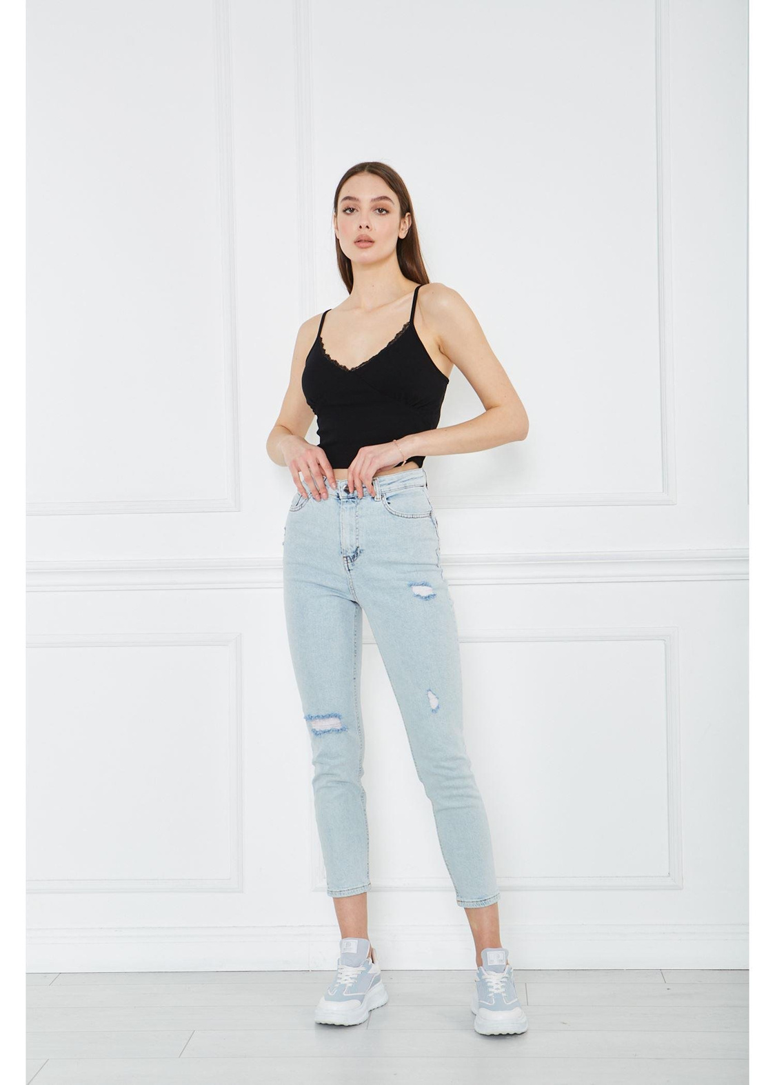 Lazer Kesim Denim Pantolon-Mavi