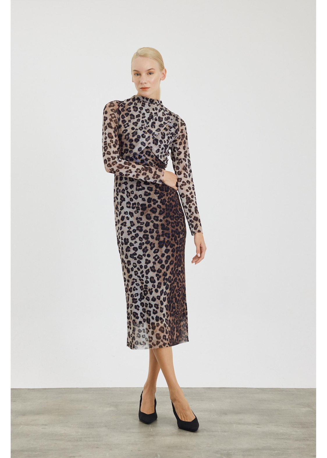 Leopar Desen Allerli Tül Elbise-Vizon