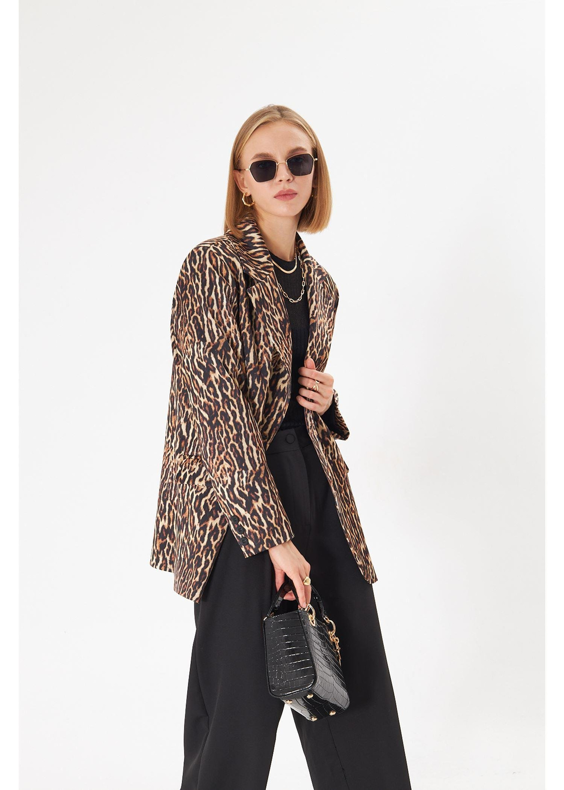 Leopar Desen Blazer Ceket