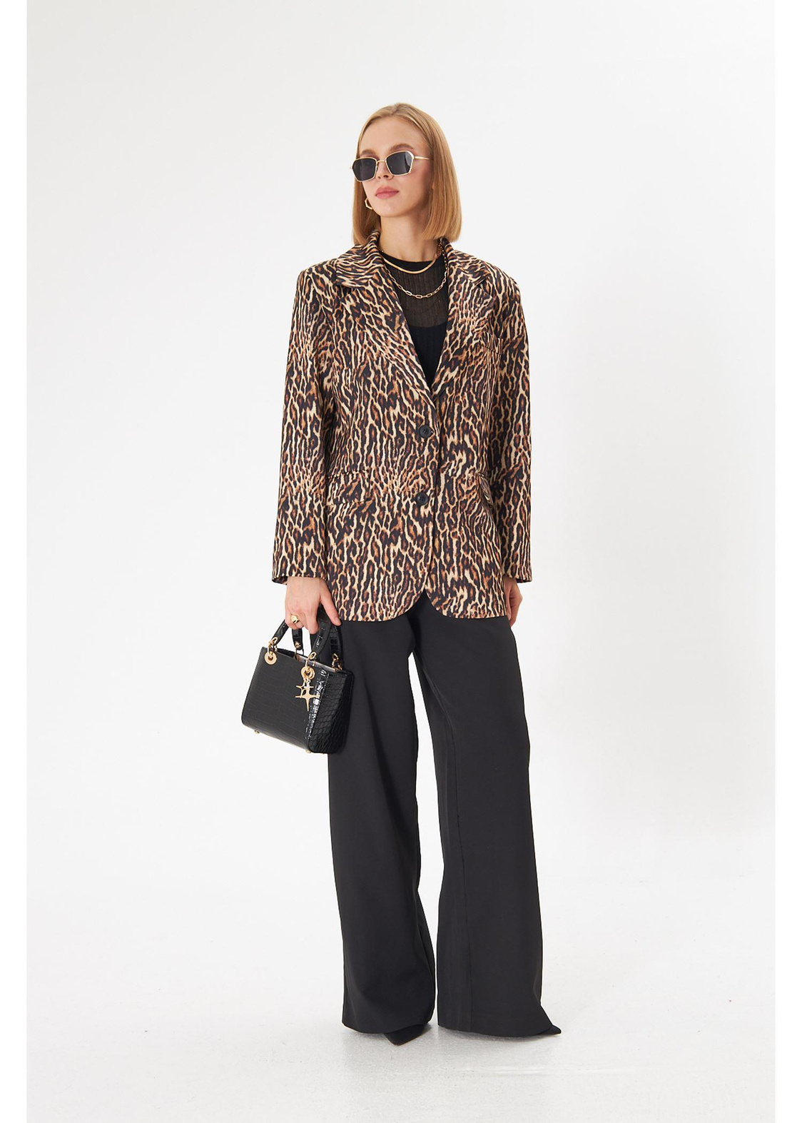 Leopar Desen Blazer Ceket