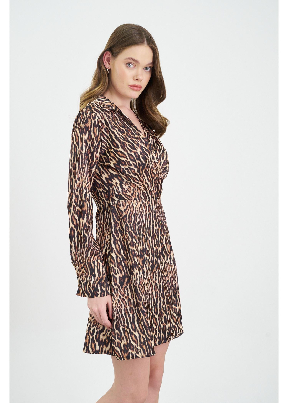 Leopar Desen Kruvaze Yaka Saten Elbise-Vizon