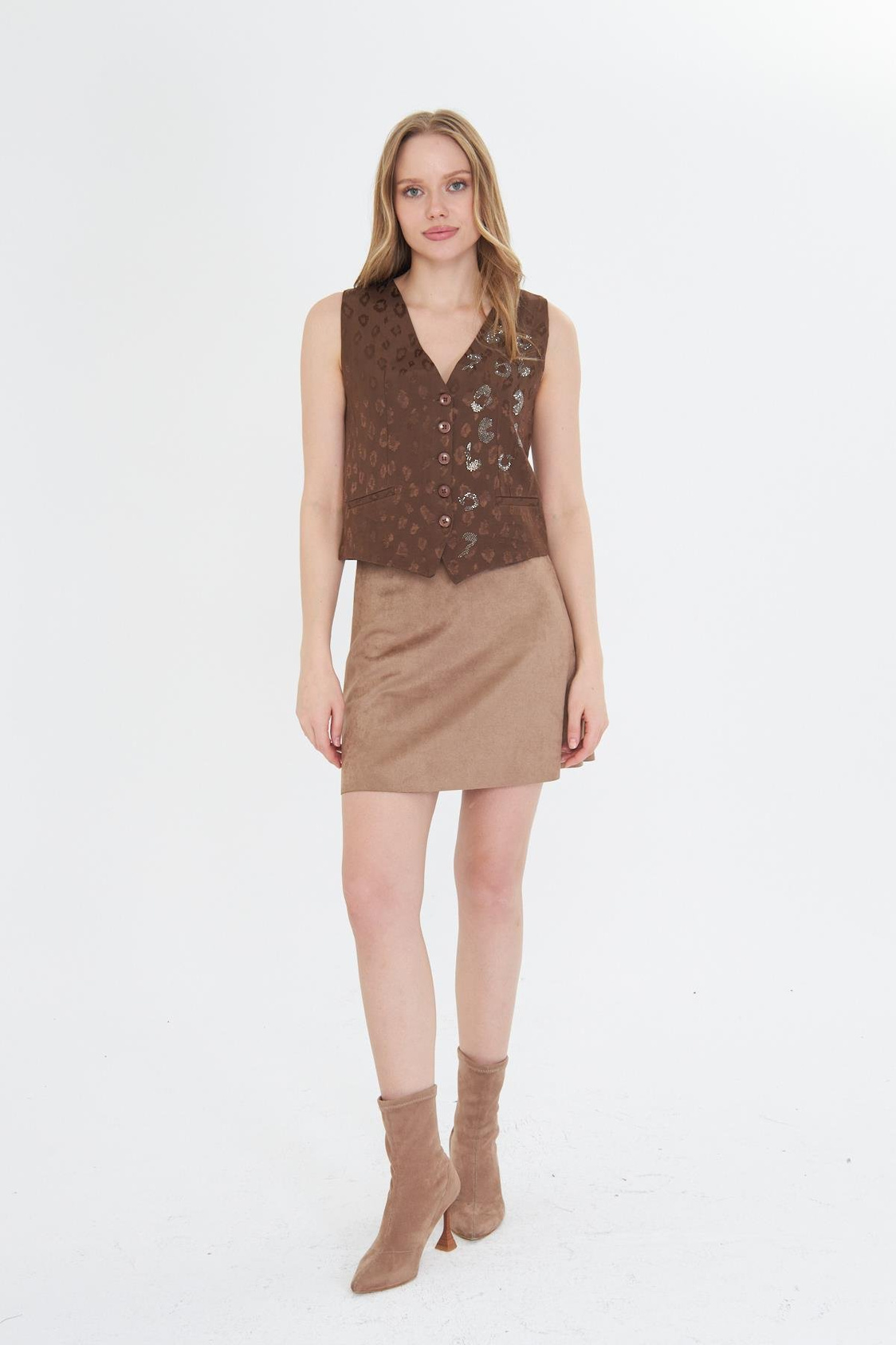 Leopar Desen Taşlı Yelek