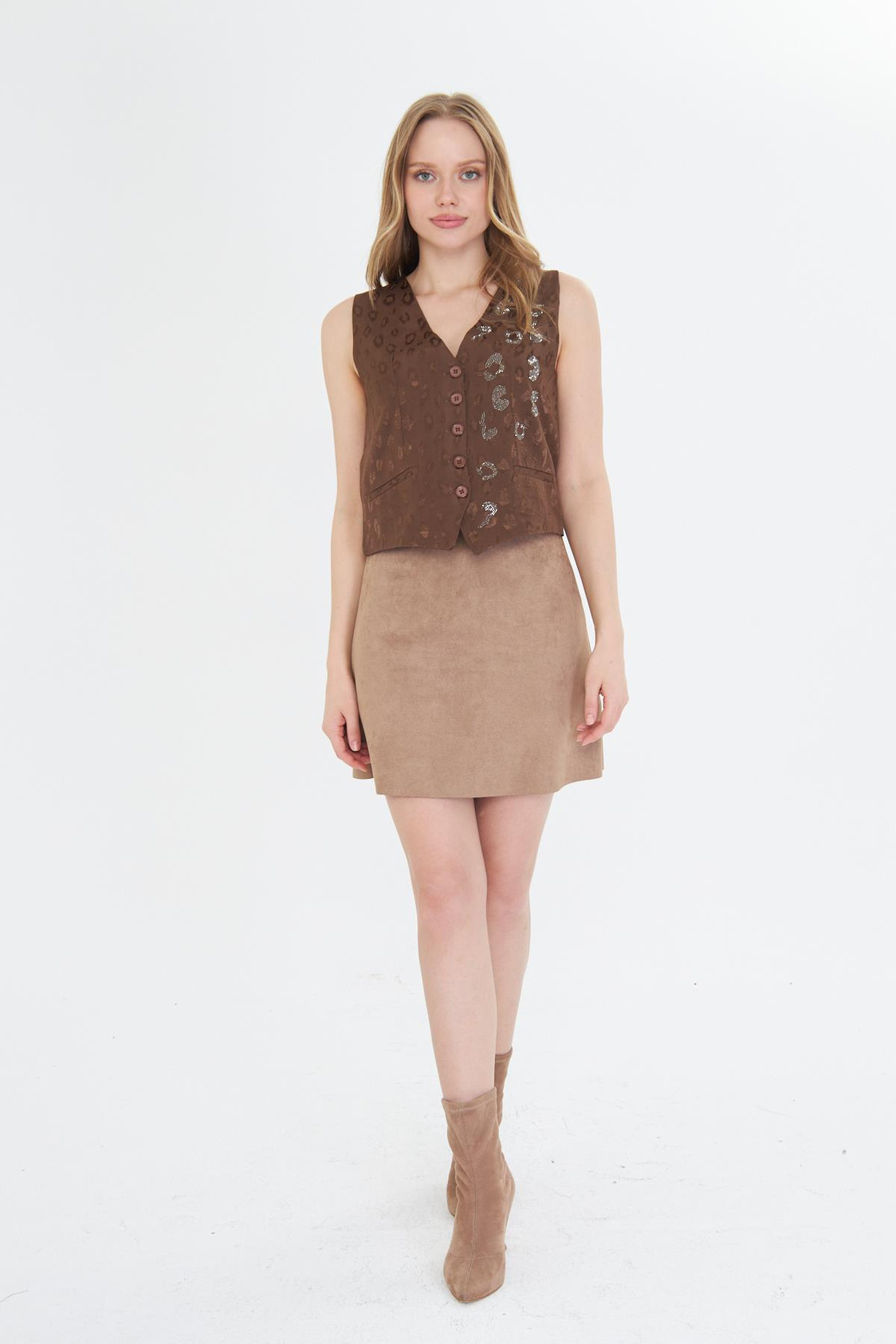 Leopar Desen Taşlı Yelek