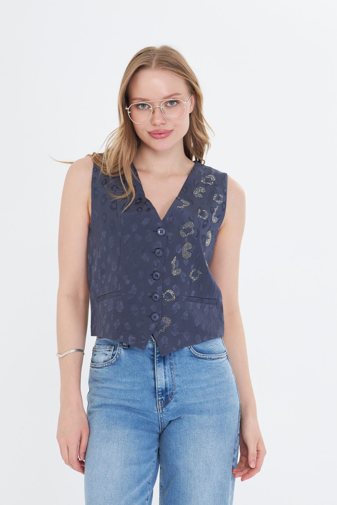 Leopar Desen Taşlı Yelek - Mint