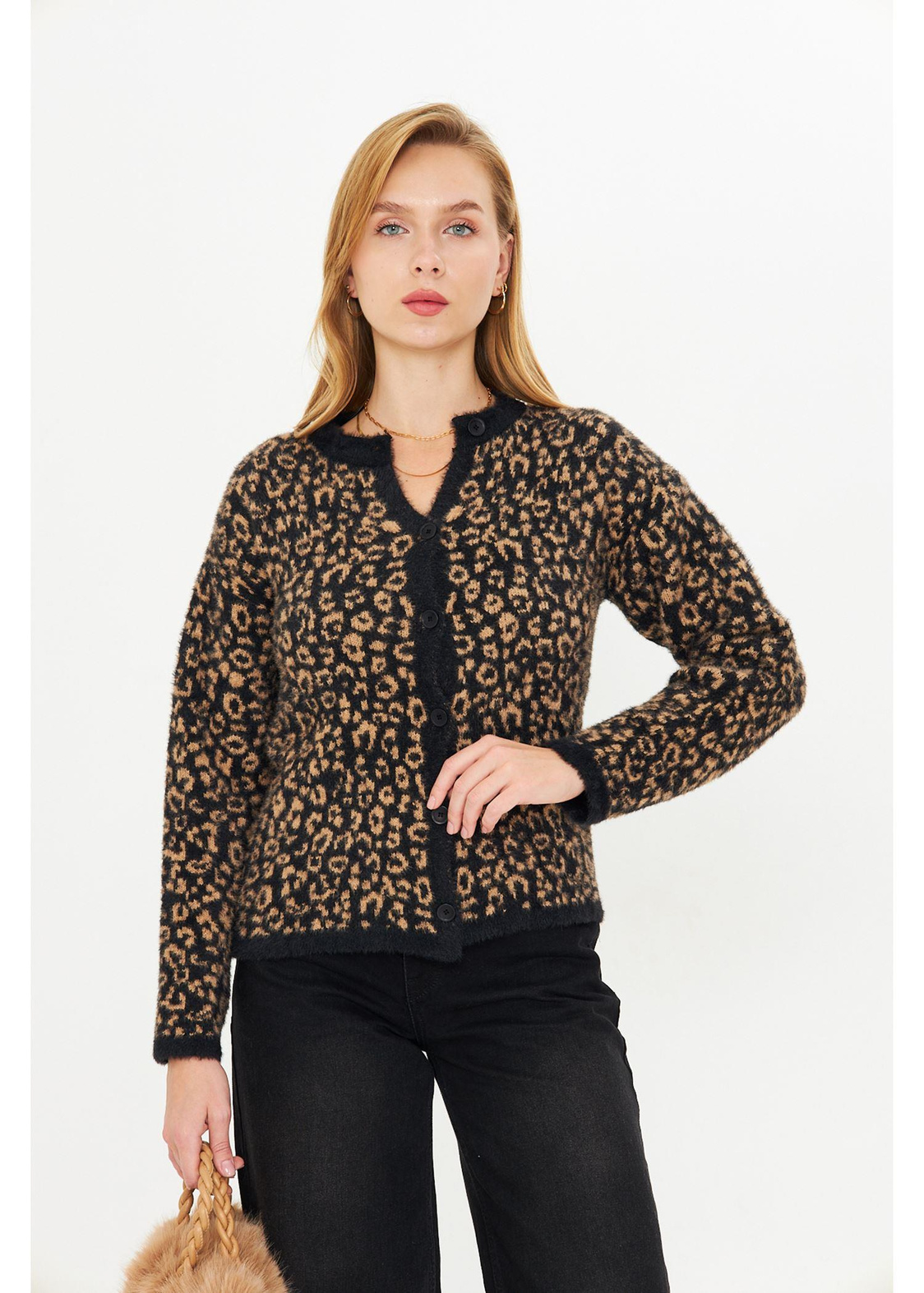 Leopar Desenli Triko Hırka