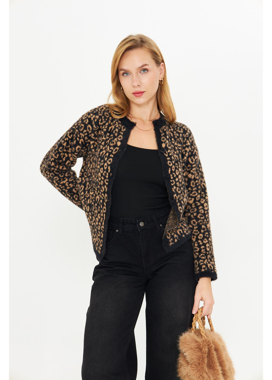 Leopar Desenli Triko Hırka