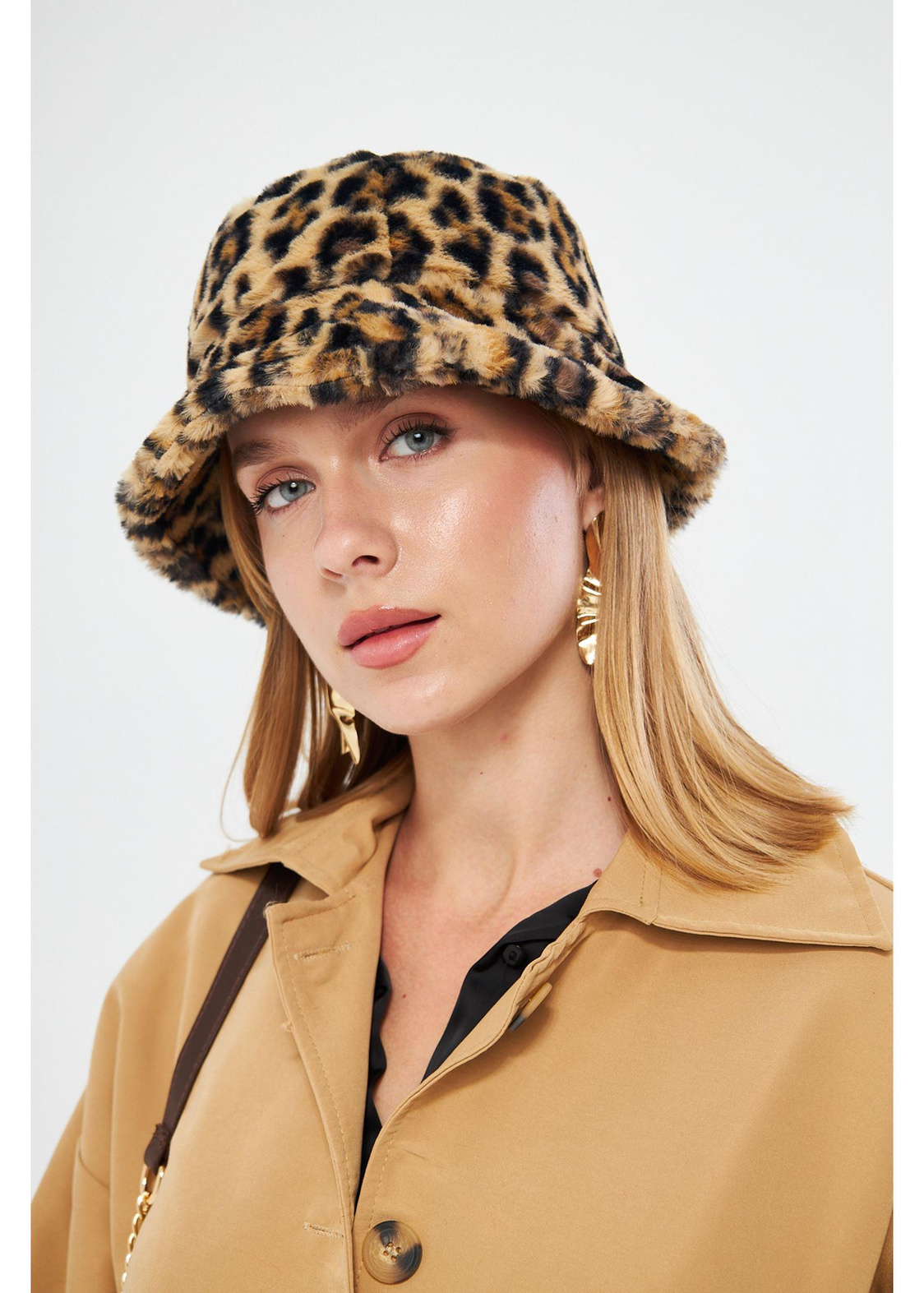 Leopar Peluş Bucket Şapka