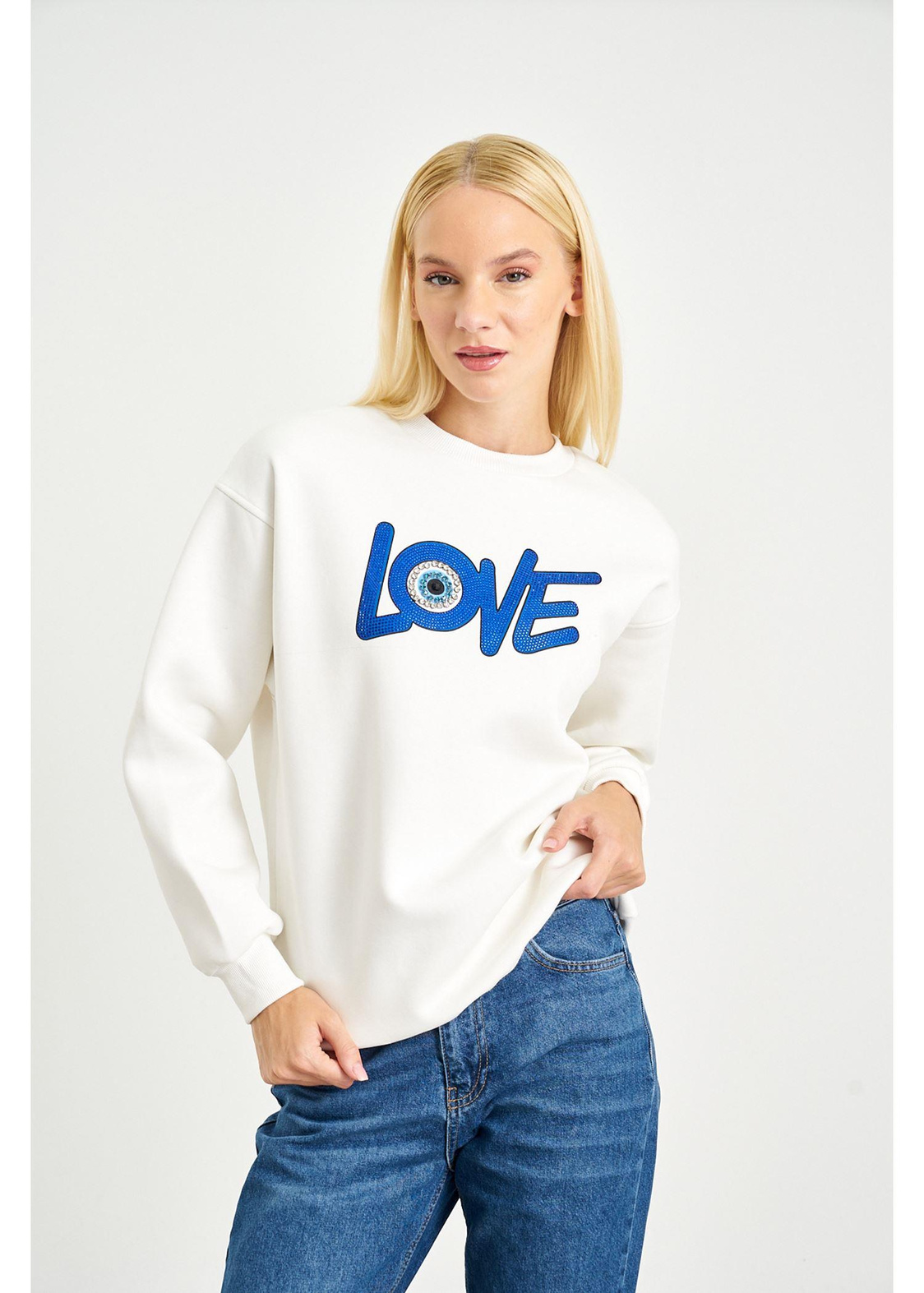 Love Baskılı Sweatshirt-Ekru