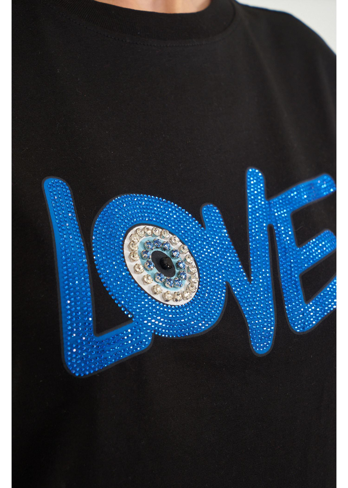 Love Baskılı Taşlı T-shirt-Siyah