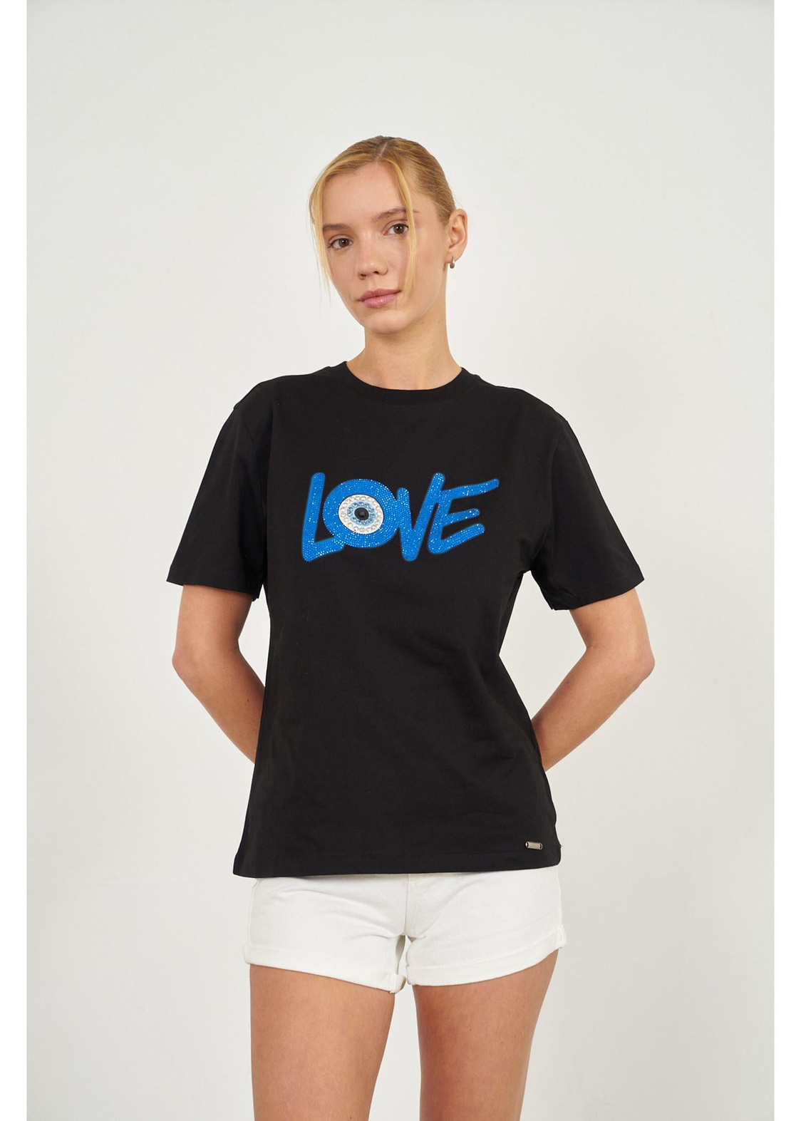 Love Baskılı Taşlı T-shirt-Siyah