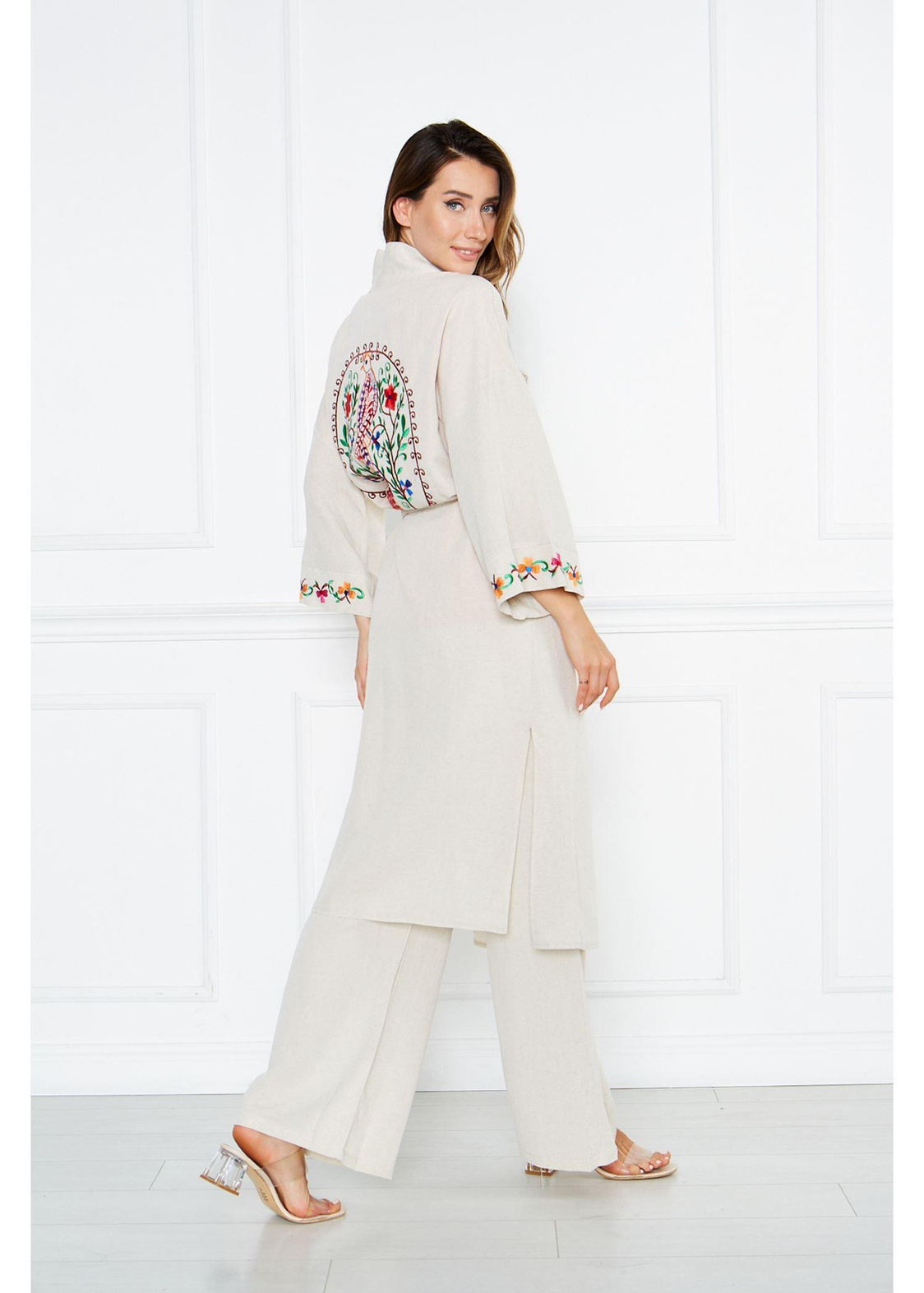 Nakışlı Düz Keten Kimono-Taş