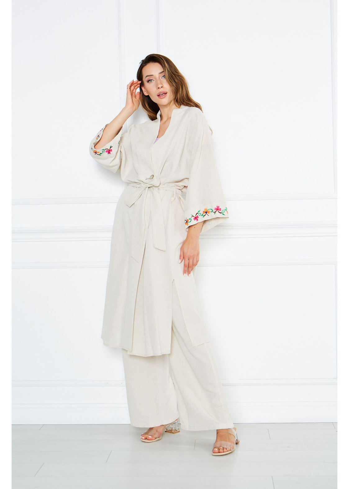 Nakışlı Düz Keten Kimono-Taş