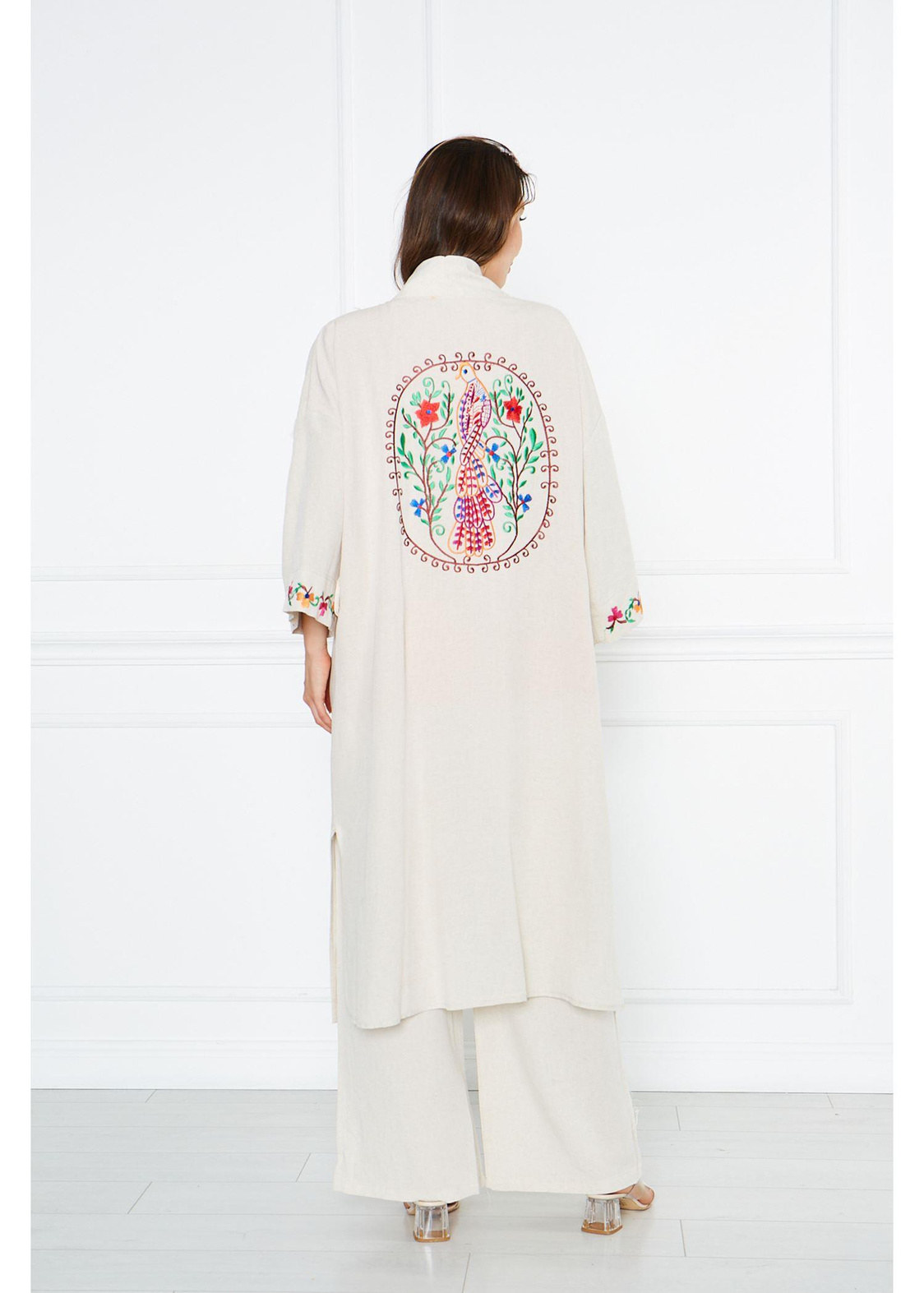 Nakışlı Düz Keten Kimono-Taş