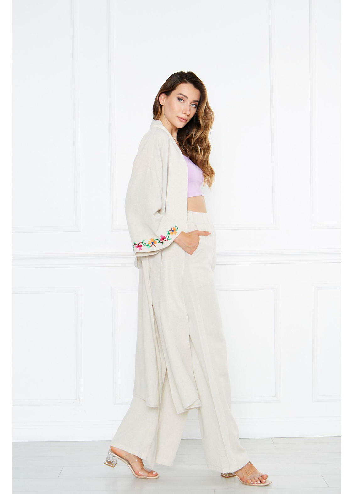 Nakışlı Düz Keten Kimono-Taş