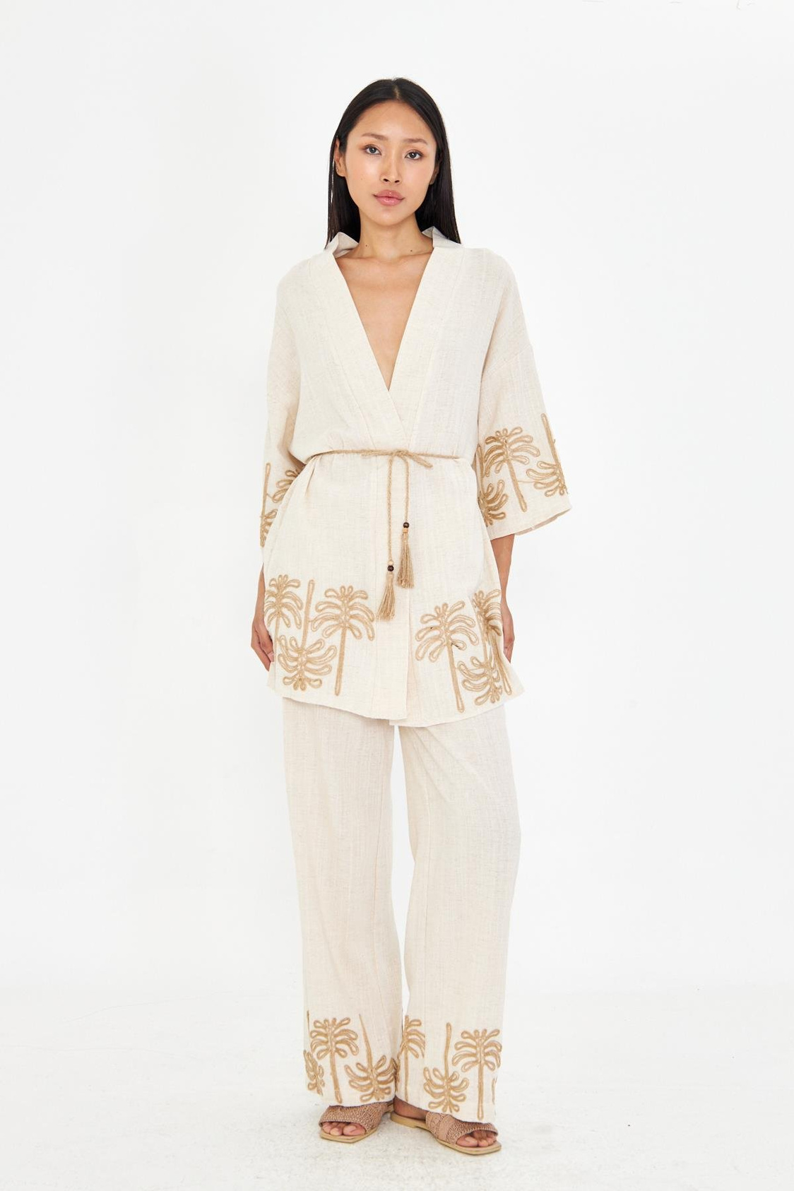 Nakışlı Hasır Kemerli Keten Görünümlü Kimono