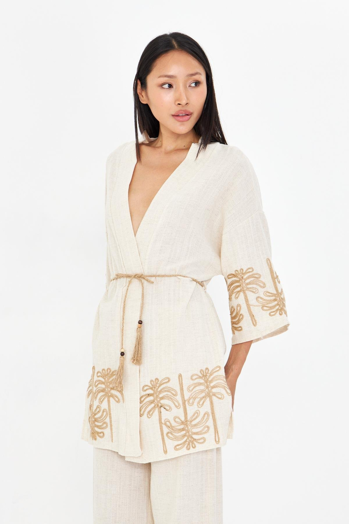 Nakışlı Hasır Kemerli Keten Görünümlü Kimono