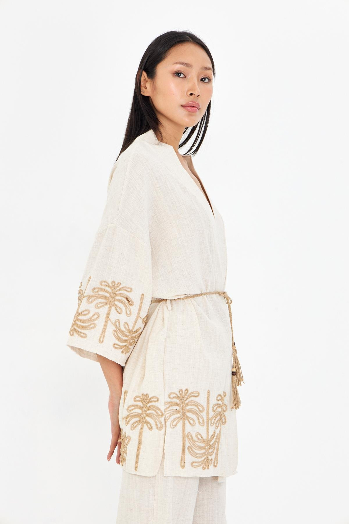 Nakışlı Hasır Kemerli Keten Görünümlü Kimono